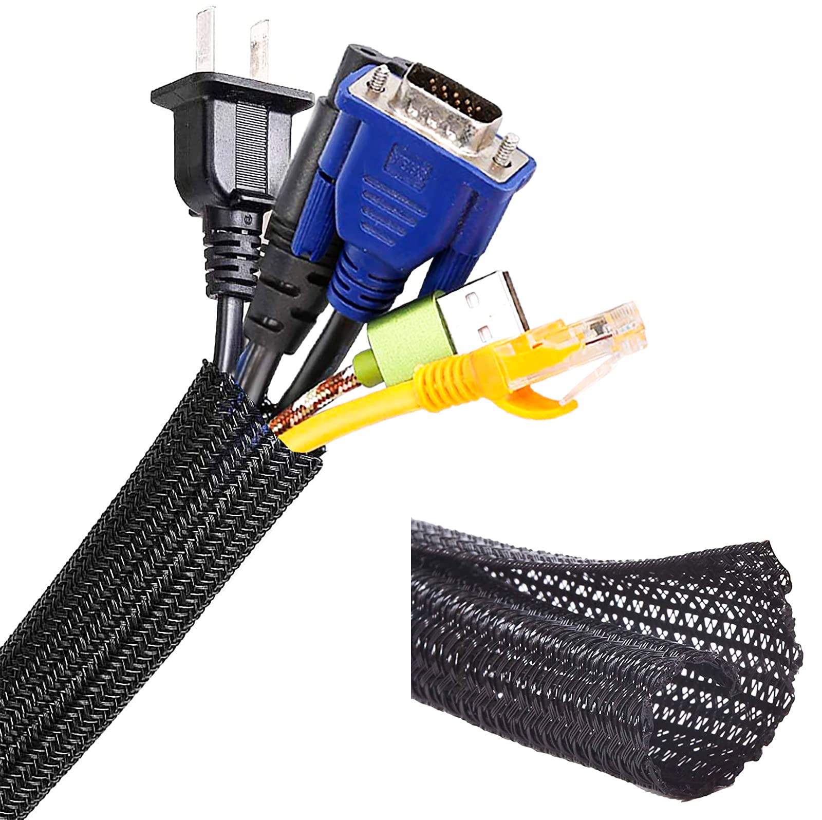 N//CSelf Wrap Braided Cable Management Sleeve Cord Protector - Split Wire Loom for TV/Computer/Audio Video Cable/Engine Bay (3/4 Inch-3m, Black)