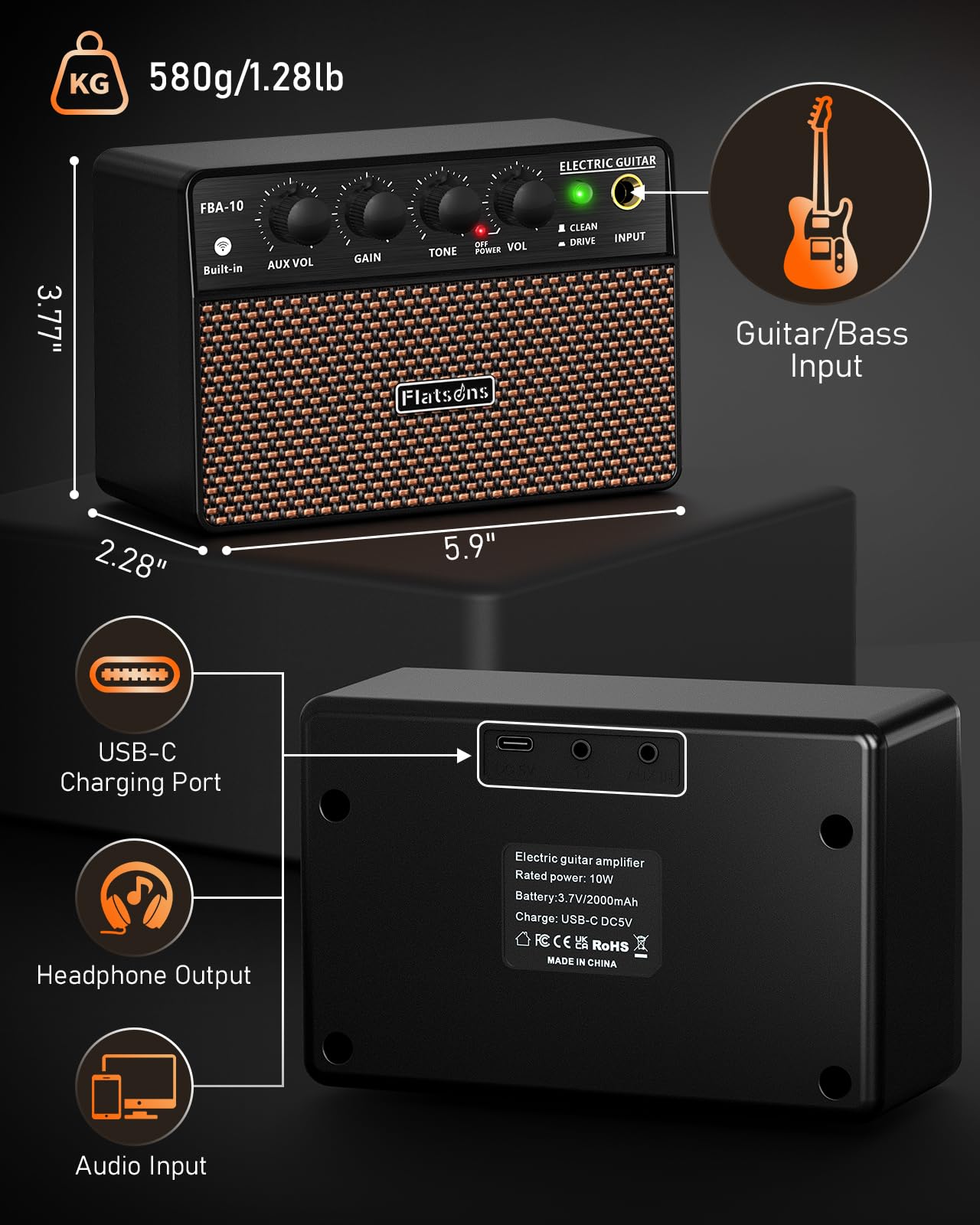 Flatsons FBA-10 Guitar Amp, 10W Mini Electric Guitar Amplifier with Clean/Drive Channel, 6H Working, USB-C Rechargeable, 3.5mm Headphone/AUX Jack, Wireless Portable Amp for Indoor Practice, Small Gig - Image 9