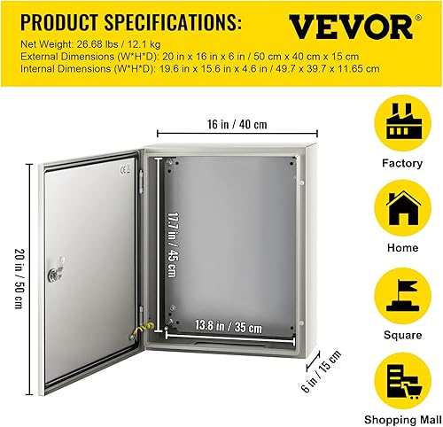 Miniatura 7 de VEVOR NEMA Caja de acero de 20 x 16 x 6 pulgadas, caja eléctrica de acero NEMA 4X, IP66 impermeable y a prueba de polvo, caja de conexiones
