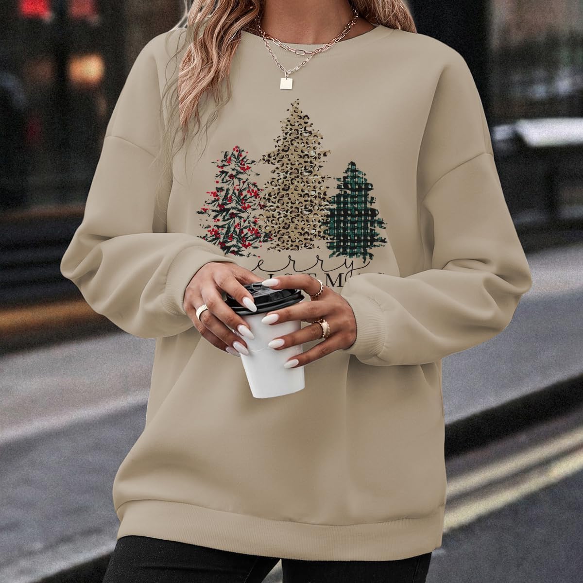 IZYJOY Merry Christmas Sweatshirt for Women Xmas Tree Graphic Long Sleeve Pullover Crewneck Oversized Lightweight Holiday Top - Image 4