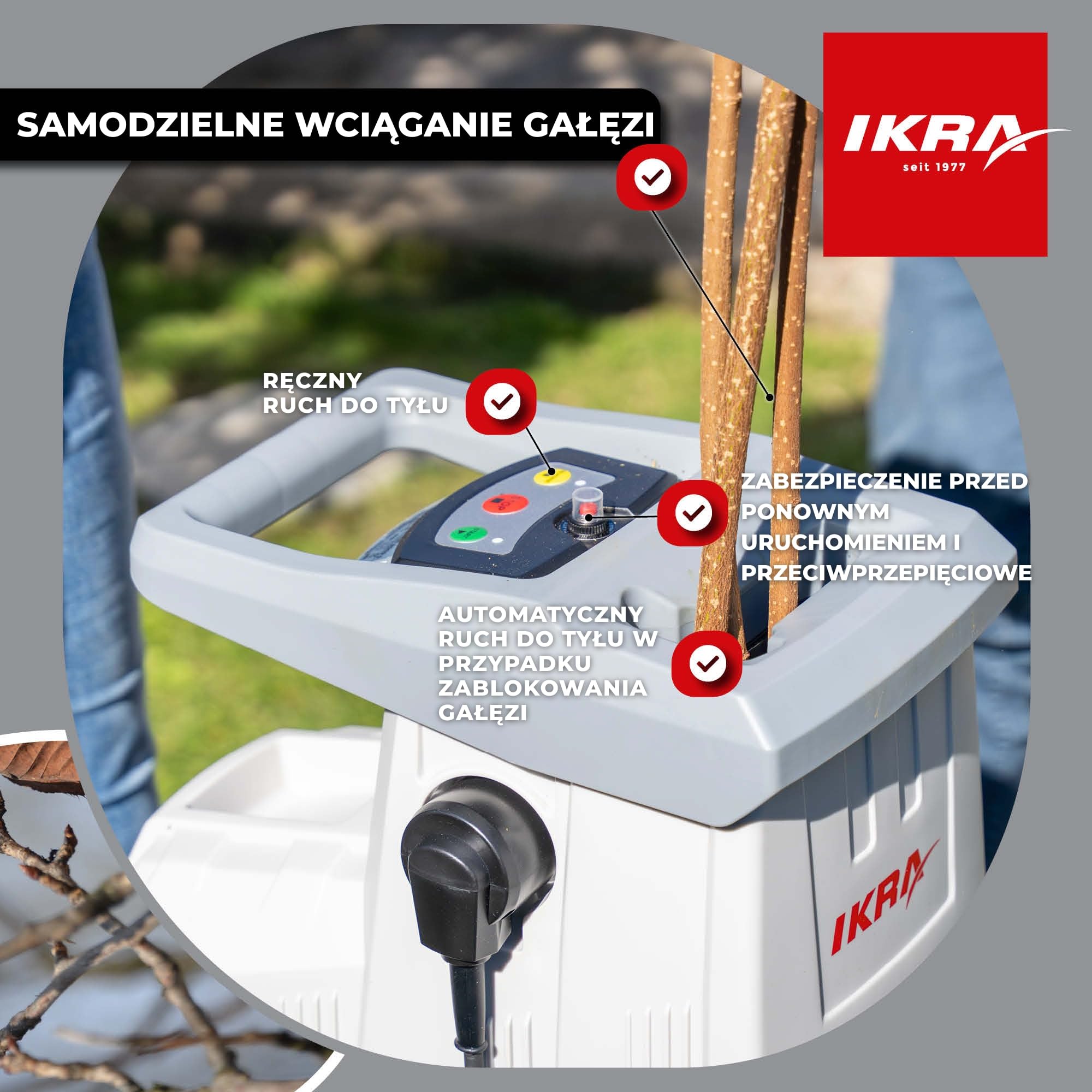 IKRA Rozdrabniacz do gałęzi elektryczny ILH 3000S, gałęzie do 44mm | Mocny silnik 3000W, cichy, solidny i łatwy w utrzymaniu, automatyczny wciąg gałęzi oraz bieg wsteczny