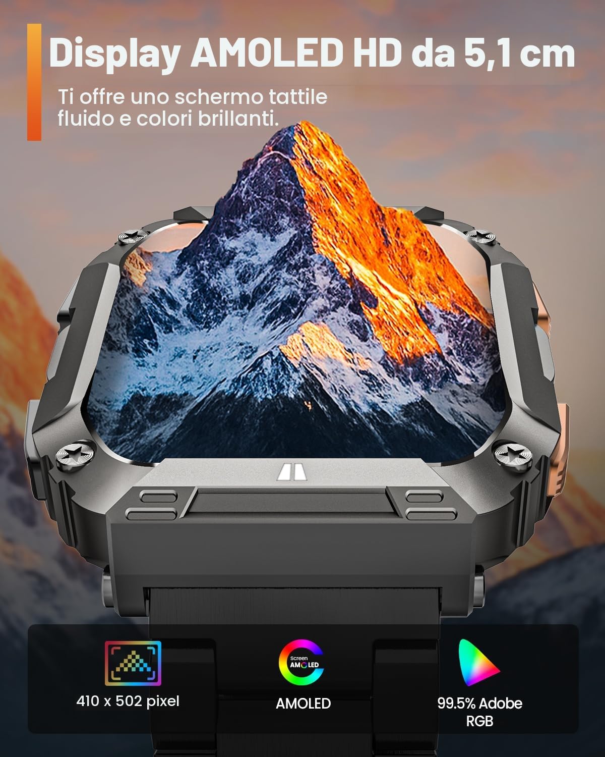 Smartwatch Uomo Militare con Torcia LED/1000mAh, 2.01" AMOLED Smartwatch con Chiamate, 113 Modalità Sportive, 5 ATM Impermeabile Orologio Fitness, Cardiofrequenzimetro/Sonno/SpO2 Android iOS