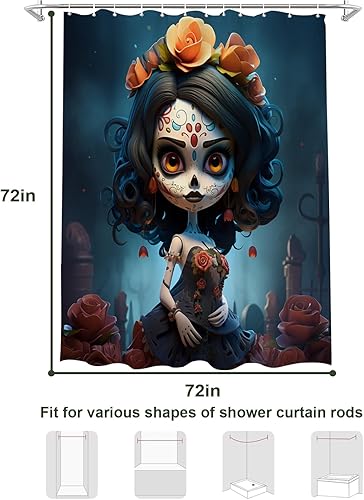 Miniatura 3 de Juego de cortinas de ducha con diseño de calavera de azúcar, para Halloween, Día de los Muertos, cortinas de baño con flores rosas, juego de