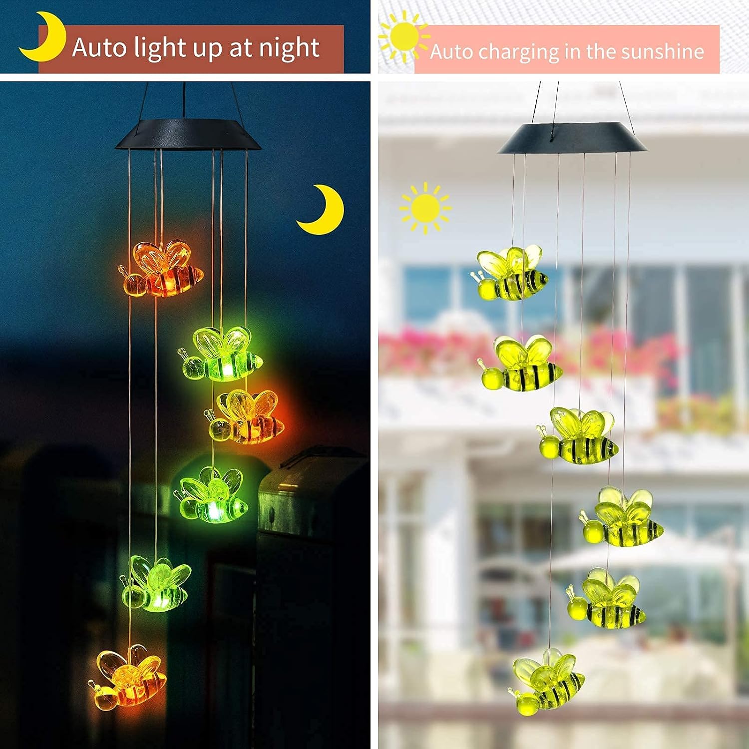 Kurala Solar Bees Wind Chimes, Waterproof Color Changing LED Hanging for Outdoor Garden Yard Decoration