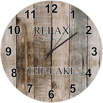 UFunhome Farmhouse Wall Clock Lake Relax Youre at The Lake Silent Non-Ticking Vintage Country Battery Operated Wood Grain Clock for Cabin Man Cave Home Kitchen Retirement Gift 10-Inch