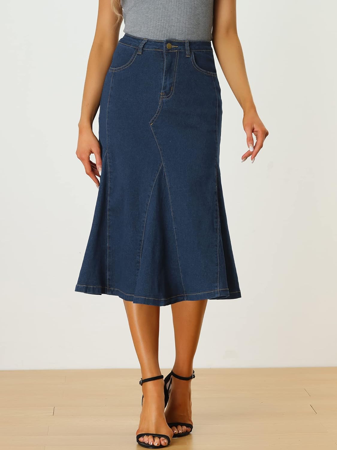 Allegra K Casual Denim Skirt for Women's High Waisted A-Line Flared Midi Skirts - Image 4