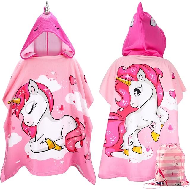 Thboxes Kids Hooded Towel, Unicorn Beach Bath Poncho Towel for Children Soft Absorbent Baby Hood Towel with Drawstring Bag for Boys Girls 75 x 150 cm