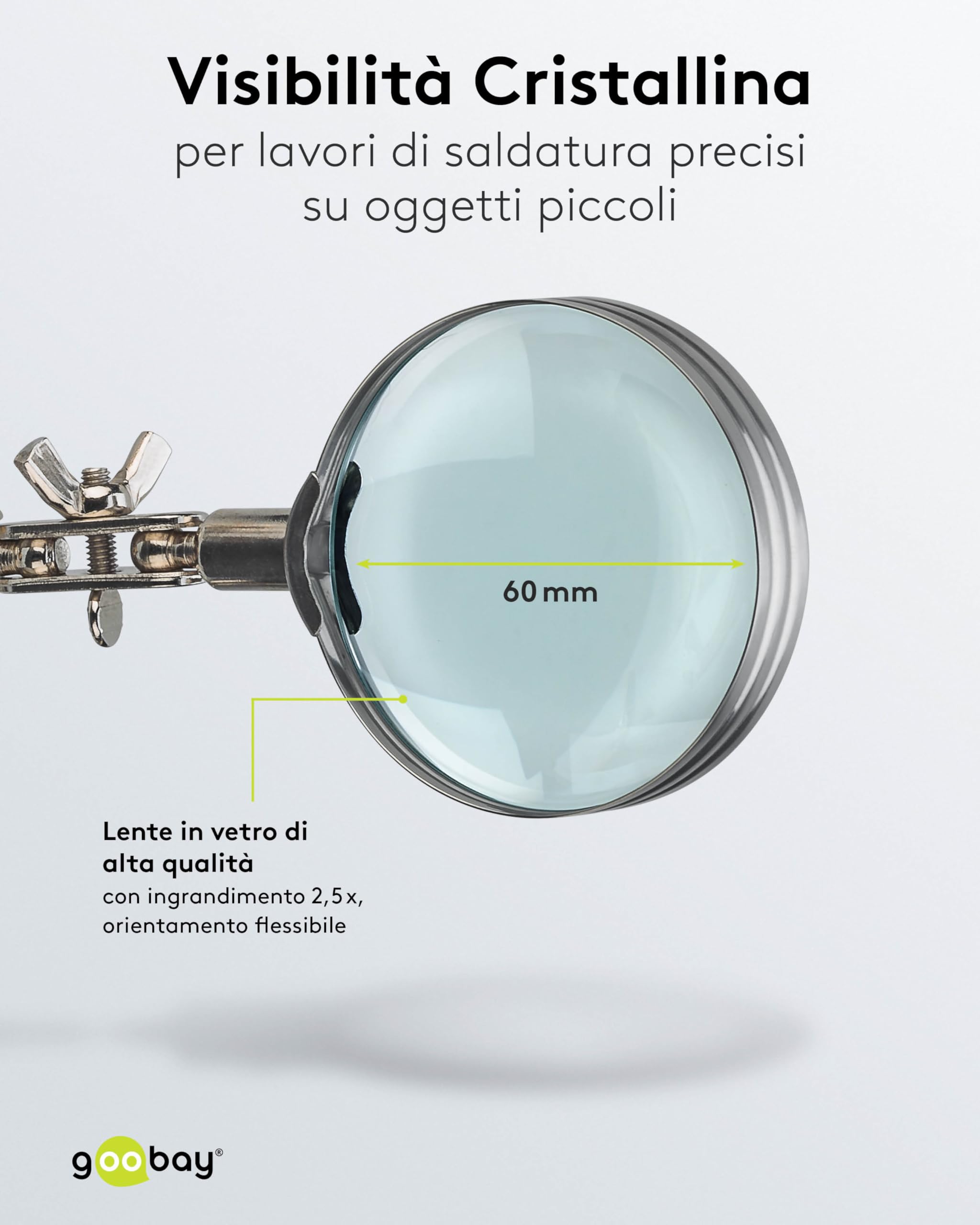 goobay Terza mano lente d'ingrandimento supporto saldatore ingrandimento 2,5x morsetti a coccodrillo flessibili base robusta