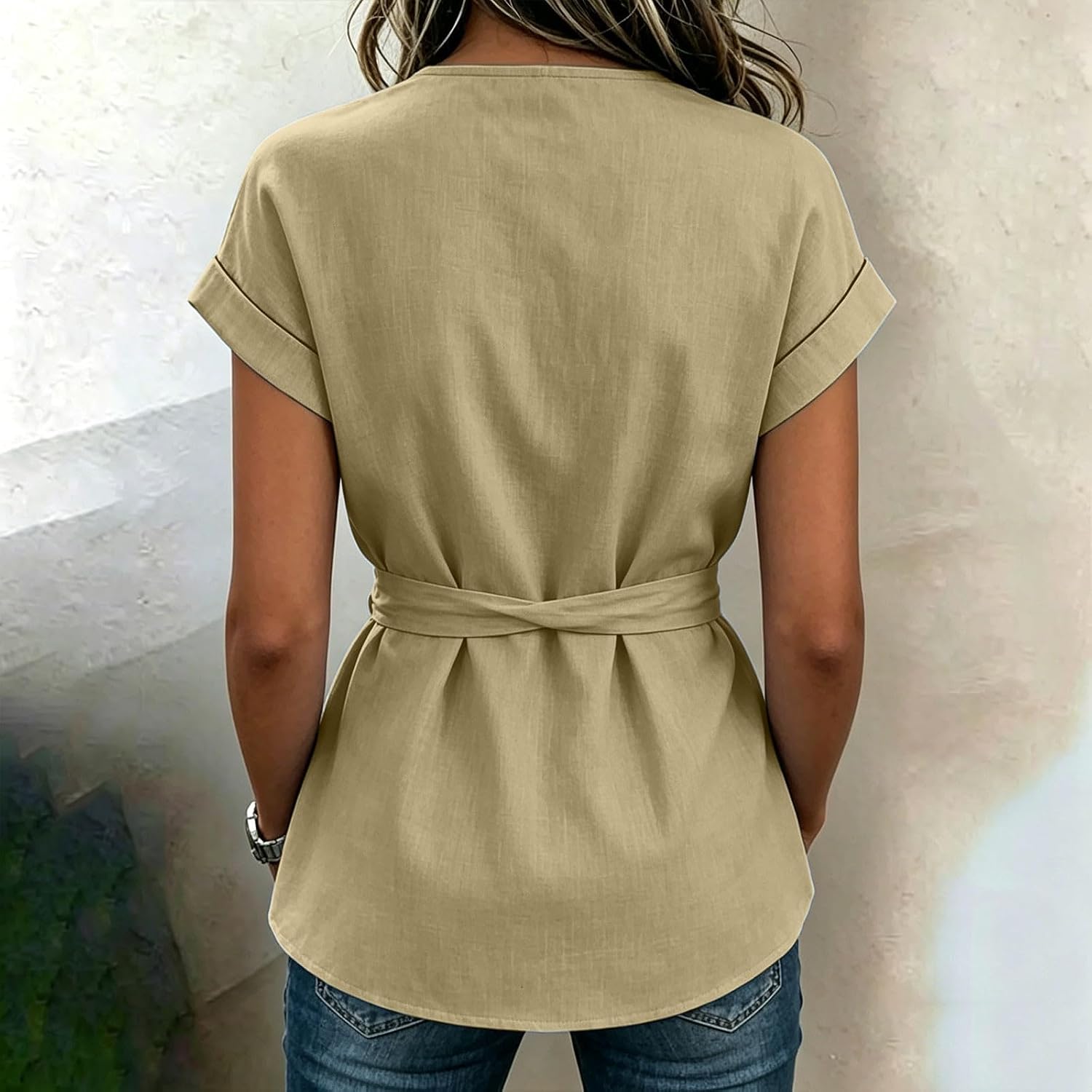 Women Top Casual Crew Neck Short Sleeve Tunic T Shirts Loose Fit Tie Front Summer Vacation Tees Business Work Blouse
