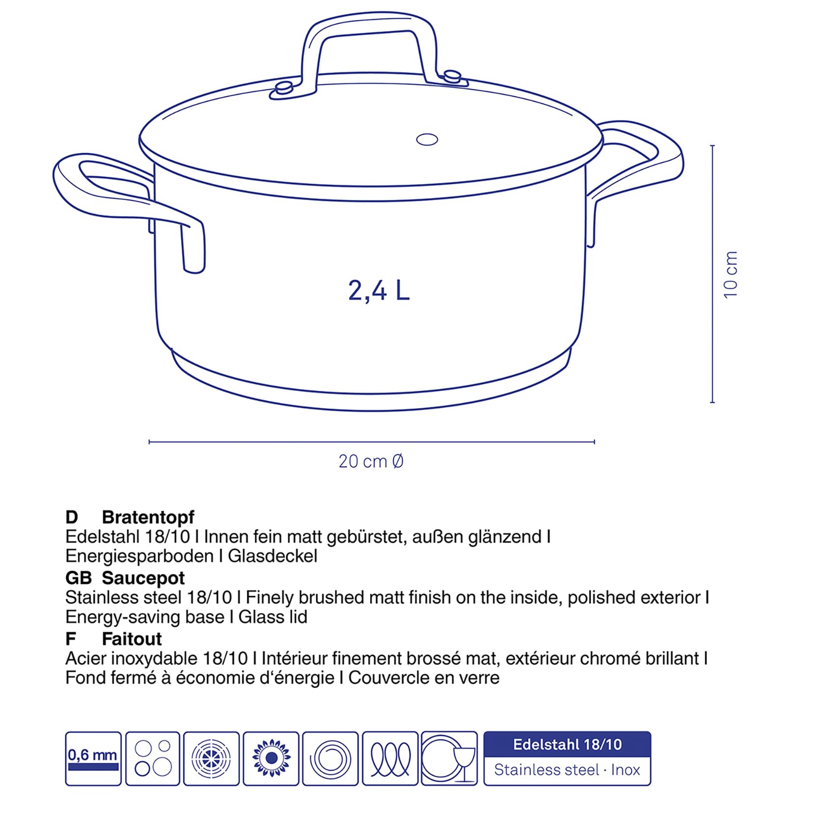 kela Bratentopf 20 cm FLAVORIA, Kochtopf Induktion 2,4 L, Glasdeckel mit Dampfauslassventil, Innenskalierung, Kochtopf klein, unbeschichtet