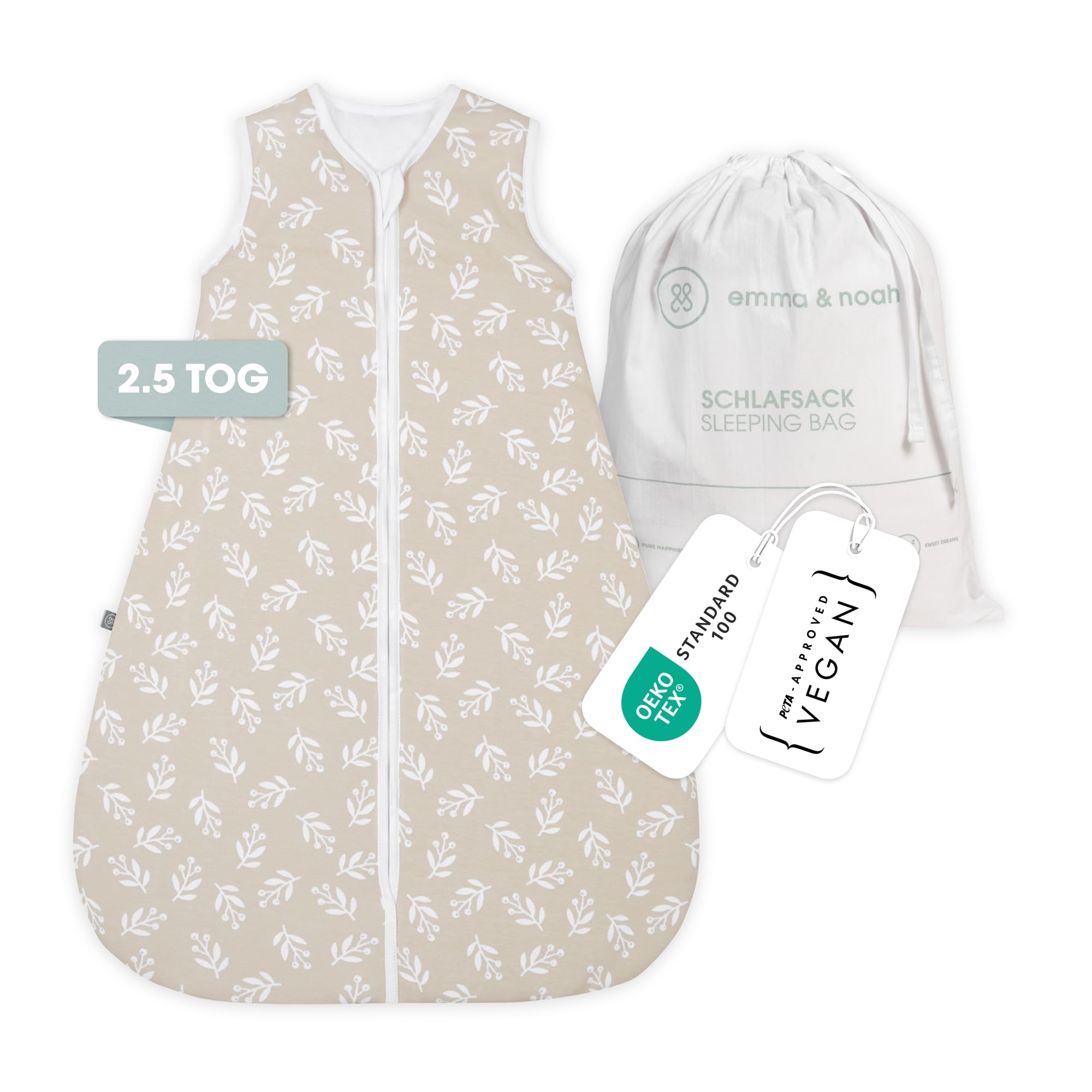 emma & noah Baby Schlafsack 2.5 TOG, Strampelsack für den Herbst und Winter in vielen Farben, Bio-Baumwolle, OEKO-TEX Zertifiziert, Schlafsack für Neugeborene (Floral Sand, 80 cm)
