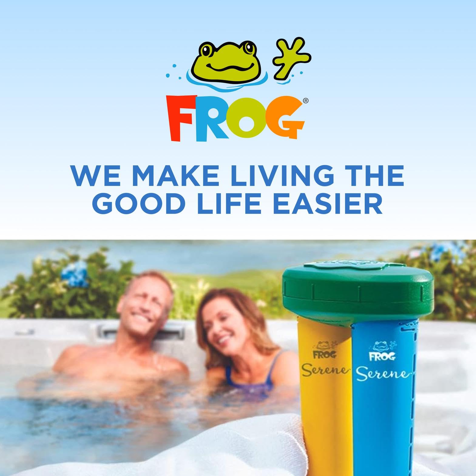 FROG Serene Brome Lot de 4 cartouches de rechange pour jacuzzi pour une utilisation uniquement avec les systèmes de désinfection FROG Serene In-Line et flottants + bandelettes de test FROG pour spas
