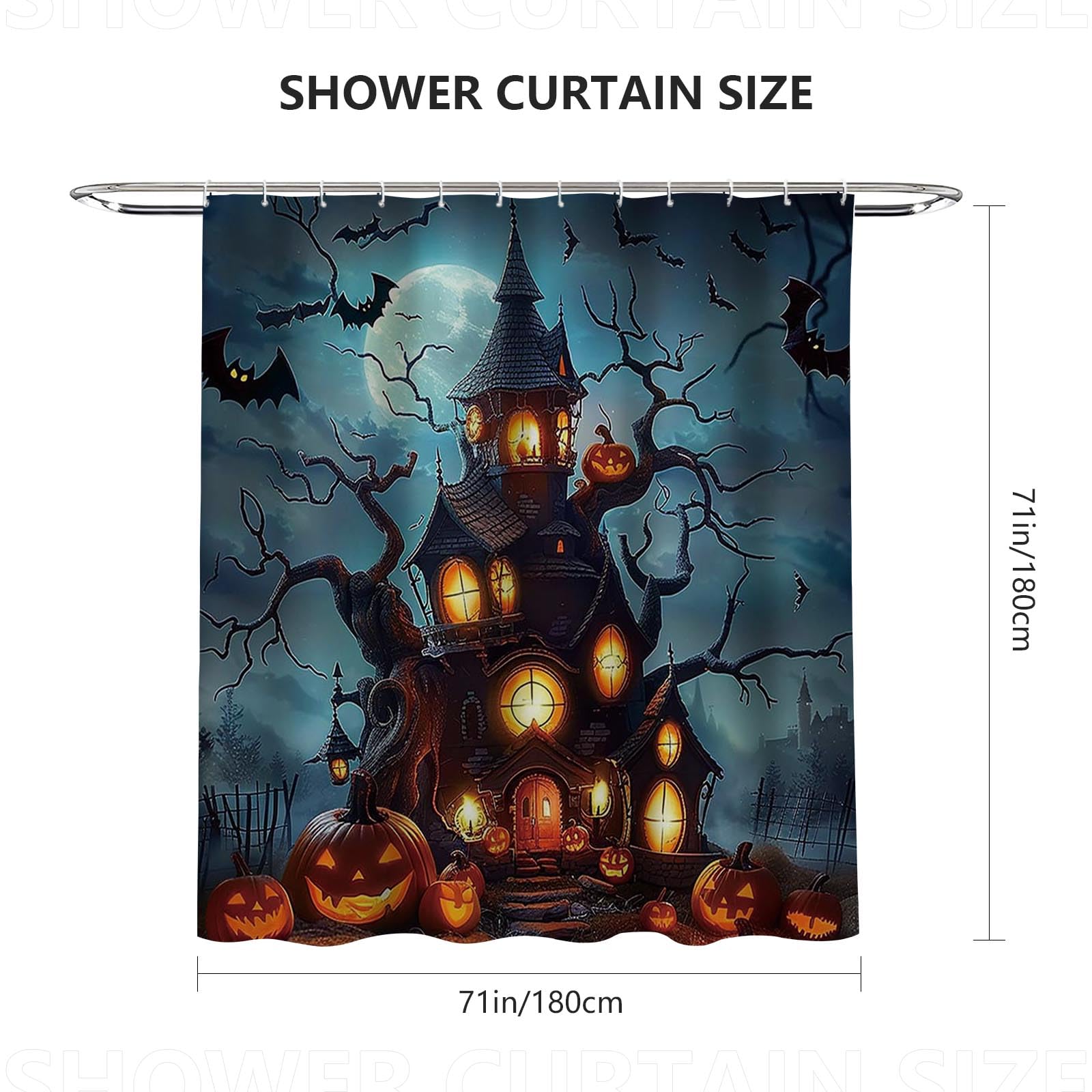 AIBIIN Halloween Shower Curtain Forest Castle Bat Pumpkins Bath Curtains Full Moon Night Horror Forest Pattern Shower Curtain for Bathroom Durable Polyester Material with 12 Hooks 180x180cm - Image 2