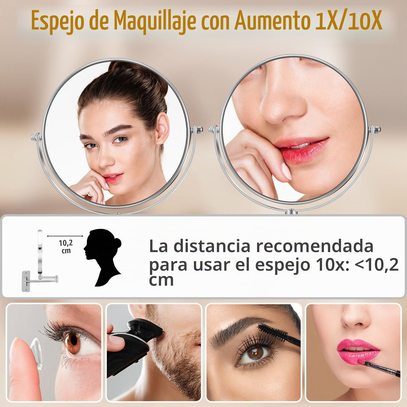 Espejo de Maquillaje de Aumento 10X Montado en Pared de 8" Doble Cara con Brazo Extensible Giratorio 360° para Baño y Hotel - Cromo