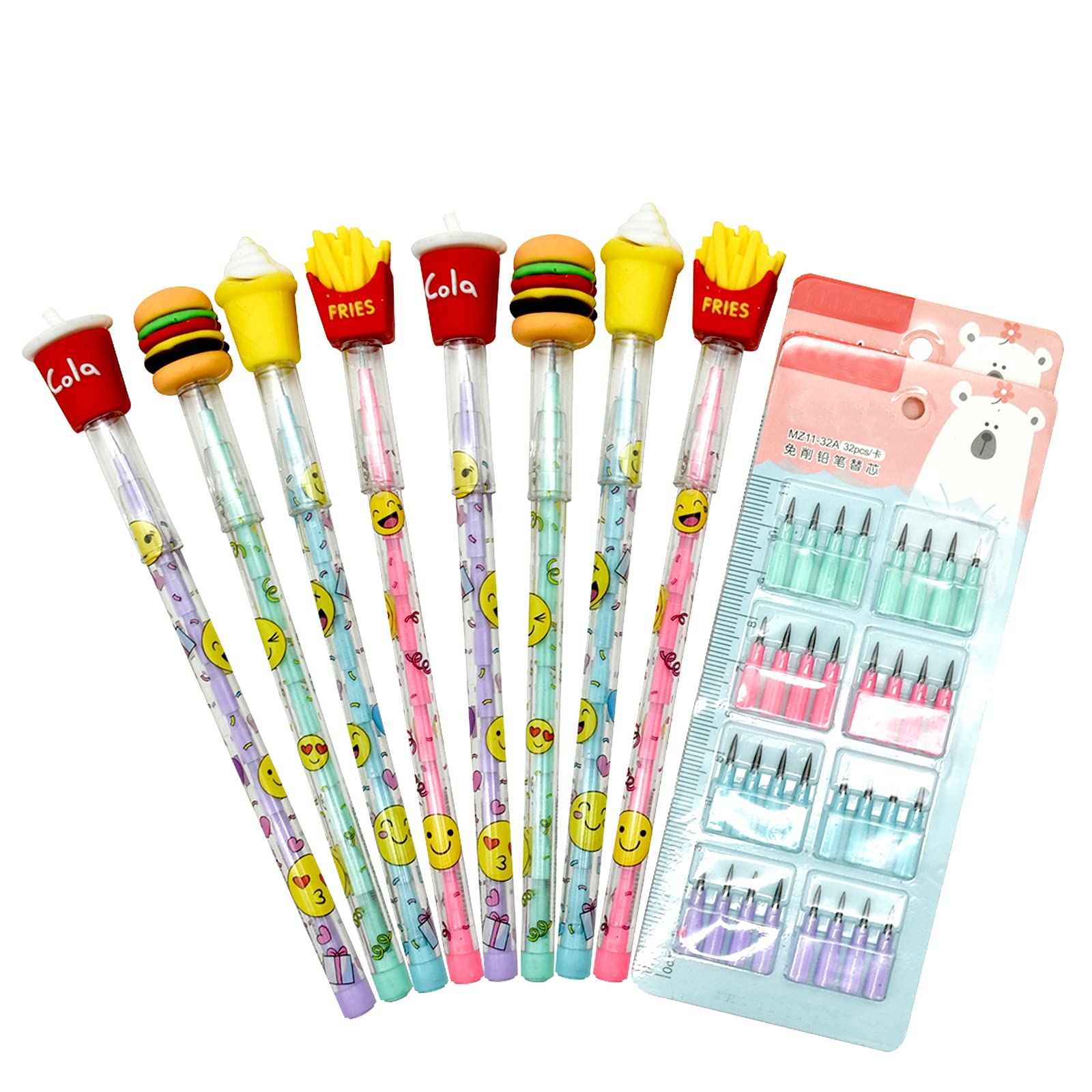 12PCS Stackable Pencils, HB, 6.5 Inches, 4 Food Themed Styles, 64 Refills, Multipoint, Non-Sharpening, Perfect for School, Gift