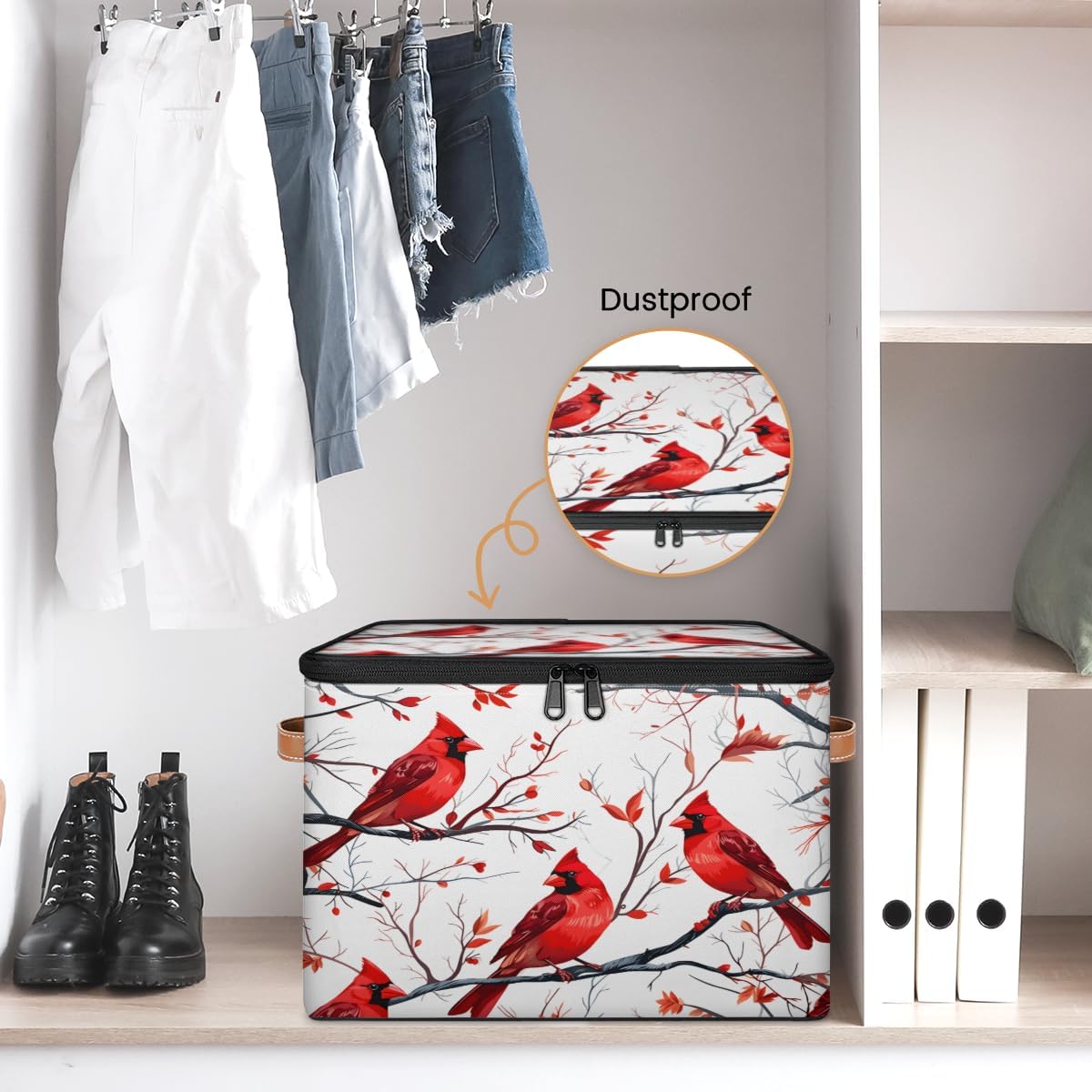 Storage Bin Set of 2 Cardinal Birds Branch Storage Basket with Zipper Lid & Handle Foldable Closet Shelf 2 Pack Cloth Organizer Basket Cube Bins Clothes Organizer for Bedroom, Nursery