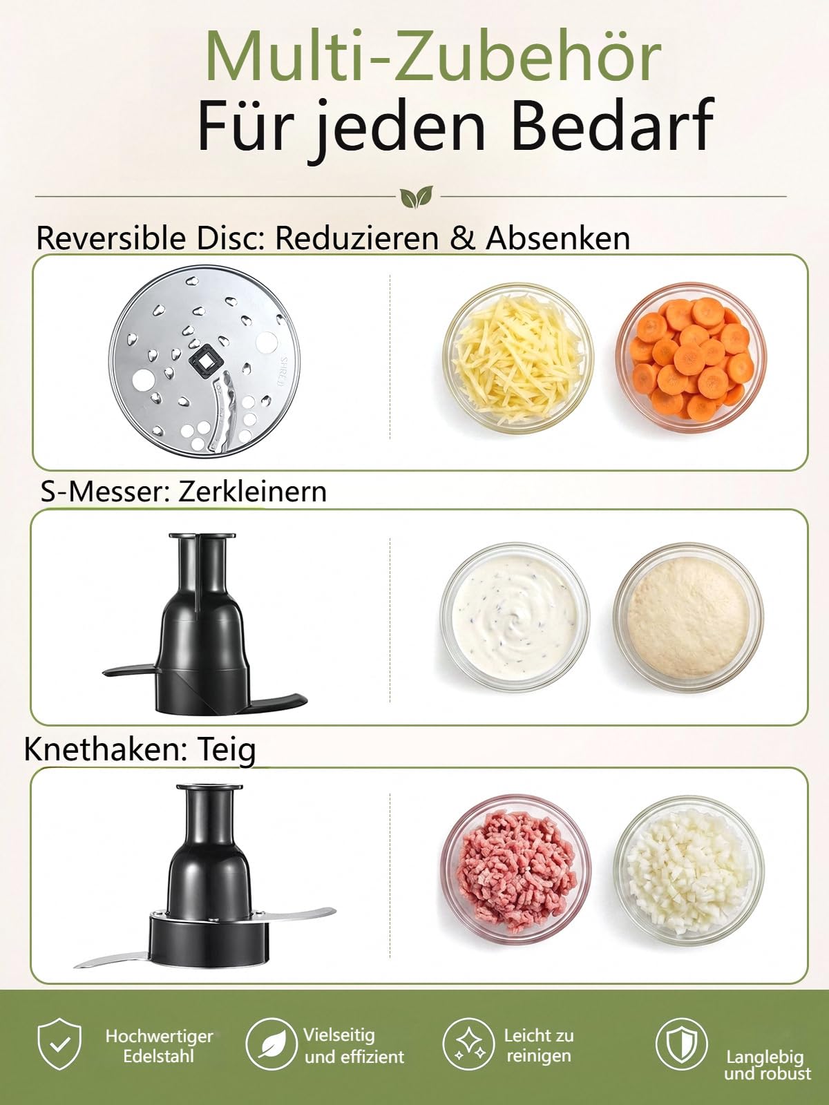 Food Processor 2.3L, Küchenmaschine, 2-in-1 Futterrutsche, 3 Geschwindigkeiten, All-in-One: Hacken, Raspeln, Pürieren, Teig, Ein-Knopf-Bedienung & Pulsfunktion