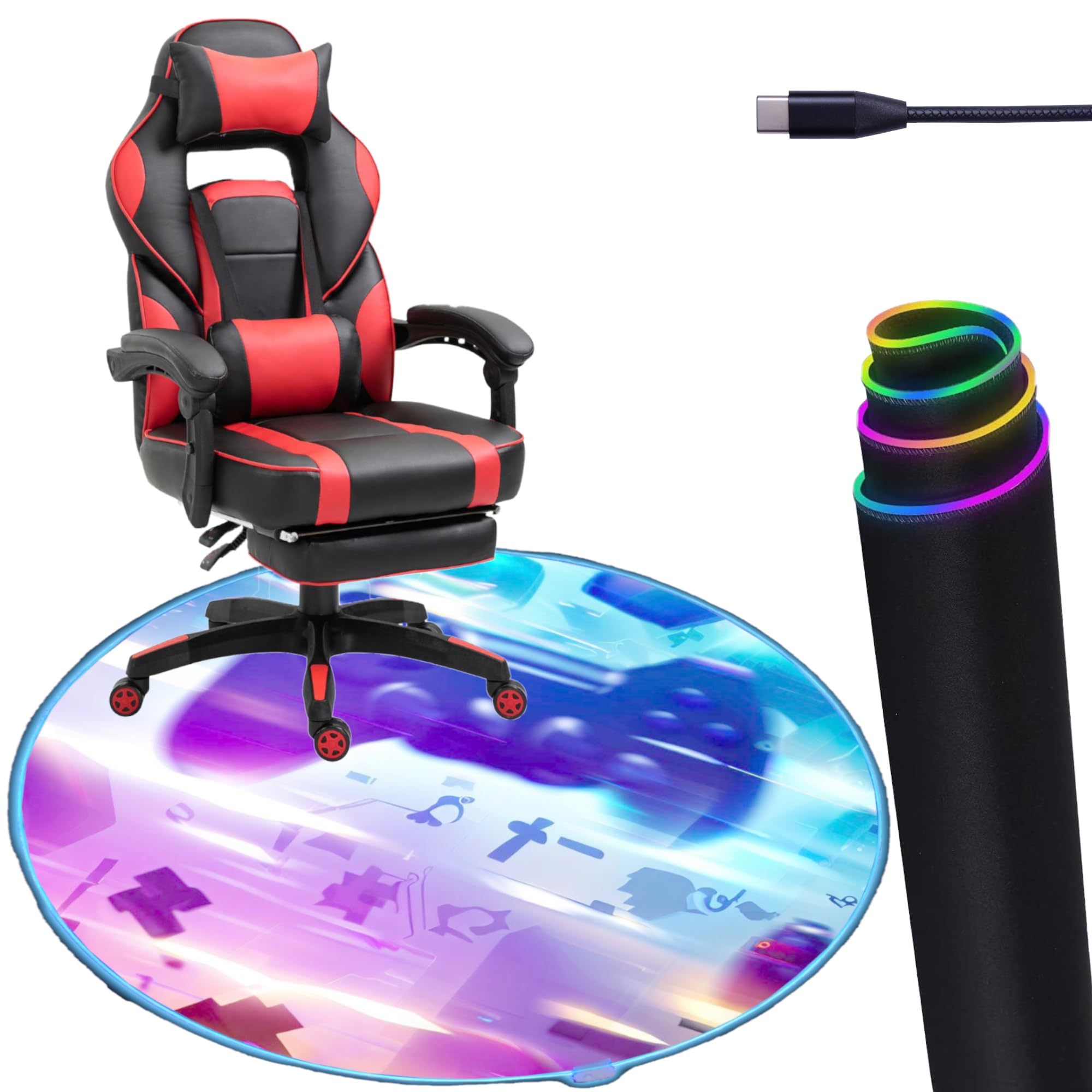 Gaming Chair Mat Circle RGB LED Light - Noise Cancelling, Anti-Slip Gaming Floor Mat – Scratch Resistant Mat for Chair – Rolling Chair Game Mat for Hardwood Floor – (Galaxy Controller 39”)