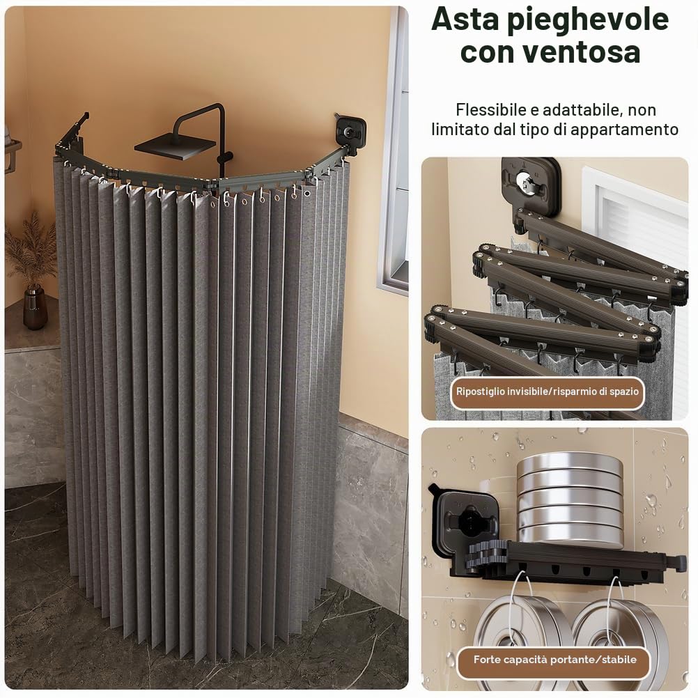 Generico Tenda da Doccia Senza Fori, Tenda da Doccia Pieghevole, Asta per Tenda da Doccia a Forma di L/U con Potente Ventosa, Tende da Doccia Antimuffa Impermeabili/Lavabili,Dark Gray,2 Folds