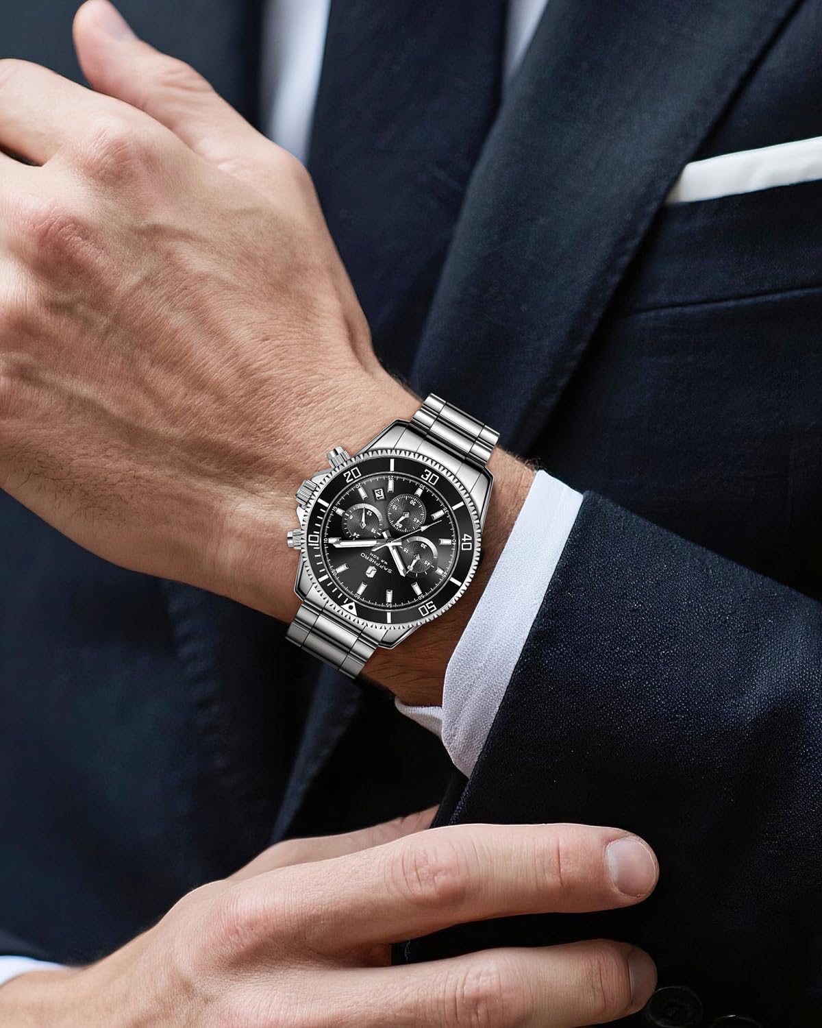 SAPPHERO Montre Homme en Acier Inoxydable Chronographe 50M Etanche Montres Analogique Quartz Date Classique Luxe Mode Montres Cadeau Élégant pour Hommes