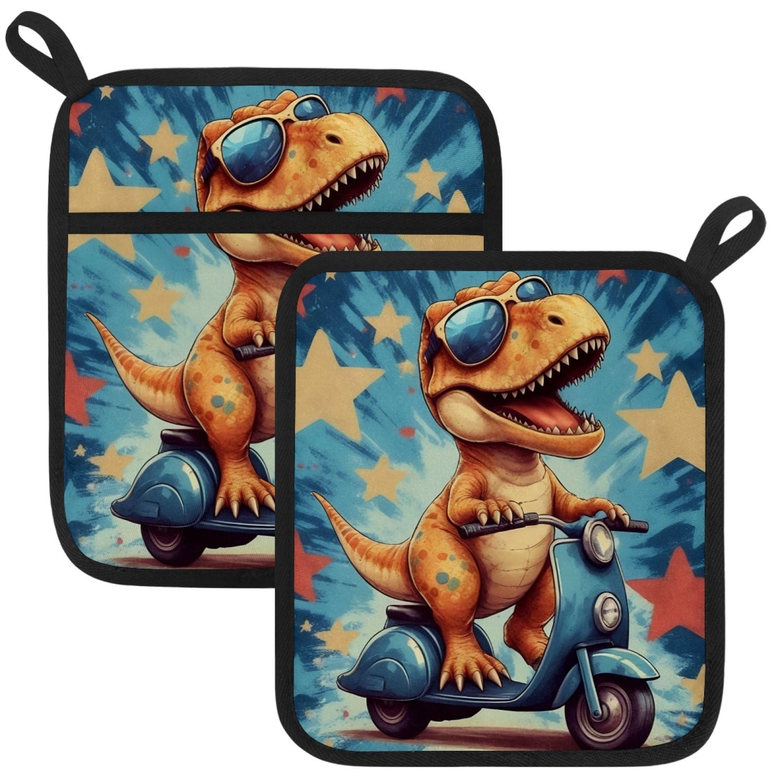 VAPOKF Funny Dinosaur Heat Resistant Pot Holders, Thick Pot Holders Pad with Hanging Loop for Kitchen, Oven Cloth Pads for Kitchen Baking Microwave Oven