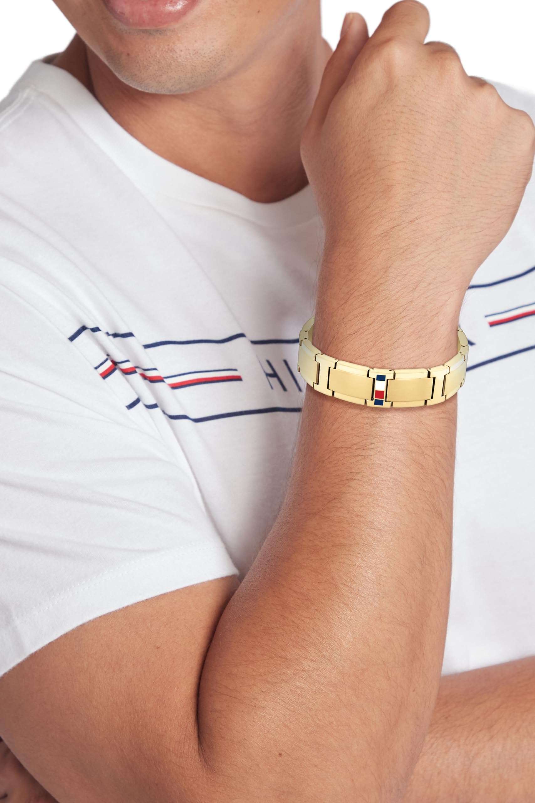 Tommy Hilfiger Biżuteria męska bransoletka ogniwowa z żółtego złota z ikoniczną flagą - 2790658