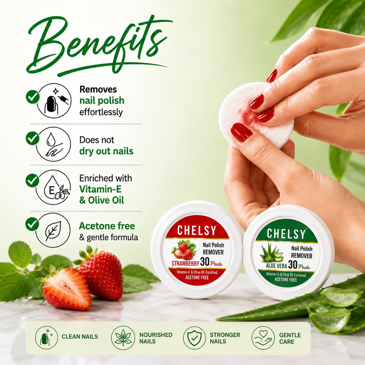 Chelsy Nail Polish Remover Wipes, 60 Pads (30x2) – Aloe Vera & Strawberry, Acetone-Free Nail Paint Remover Wipes for Women, Travel-Friendly 4