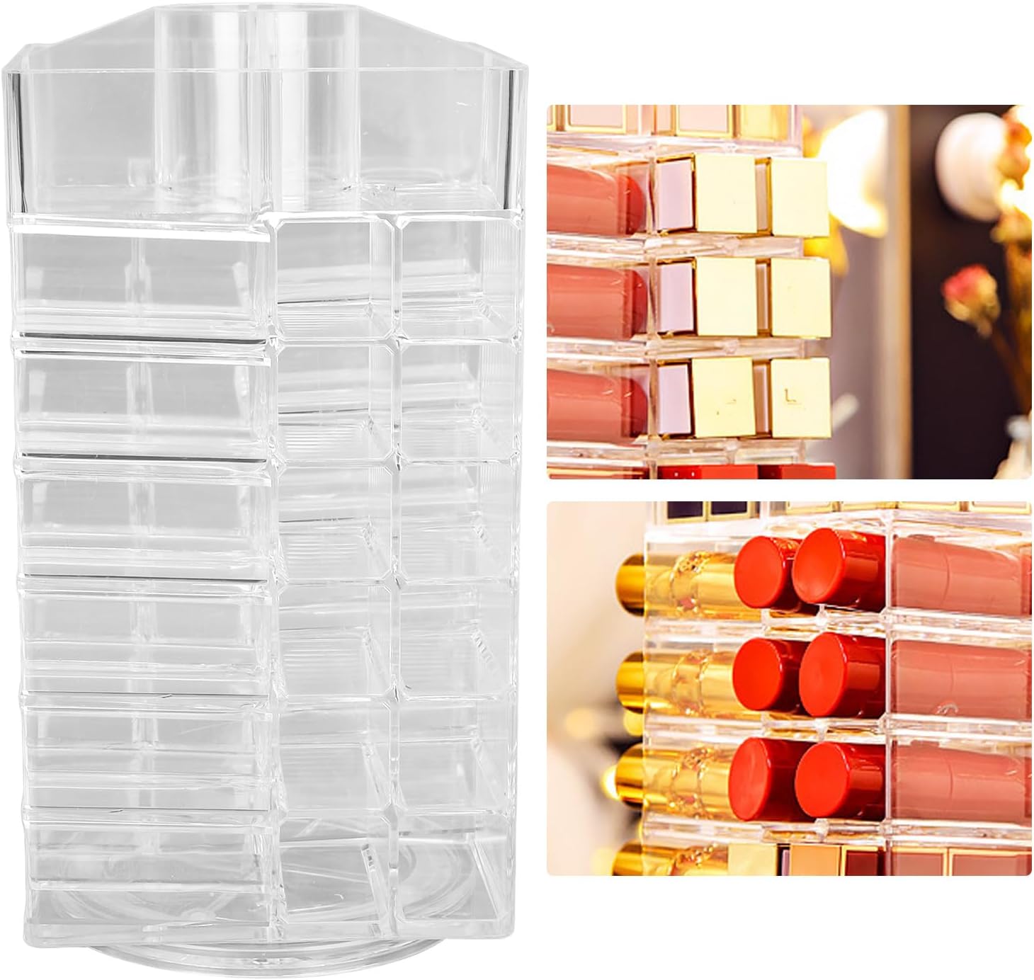 JTLB Lipstick Tower Holder, Large Lipstick Tower with 53 Compartments, Organiser, Transparent Cosmetic Display for Lip Gloss, with Rotating Storage, Ideal for