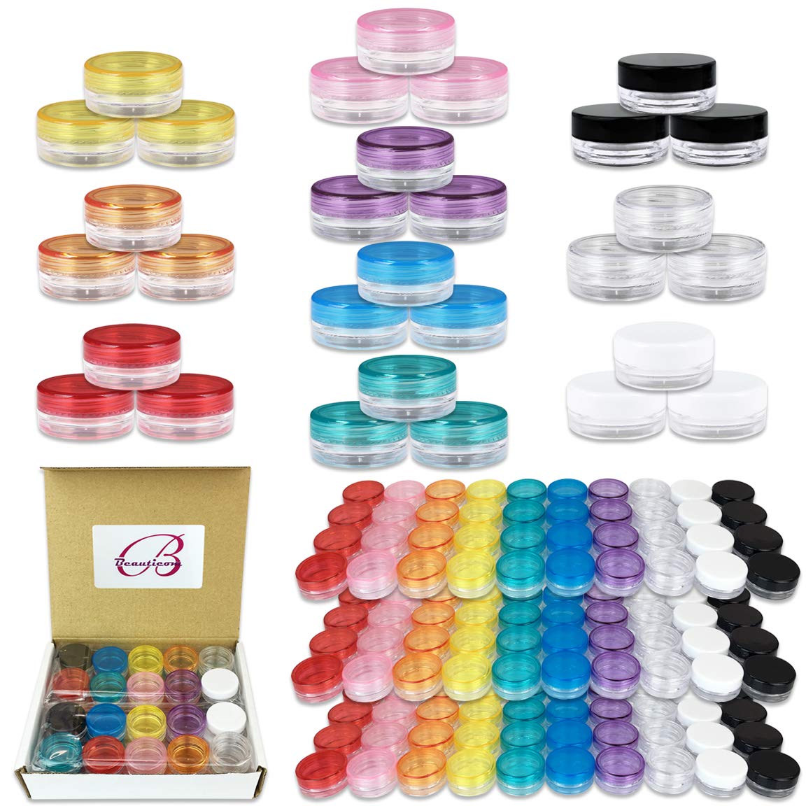 400 Jars Beauticom 3G/3ML Small Sample Empty Clear Containers with MultiColor Lids for Cream, Lotion, Cosmetic, Makeup, Make up, Oils, Lip Balms, Scrubs, Liquid, Powders, pigments etc..