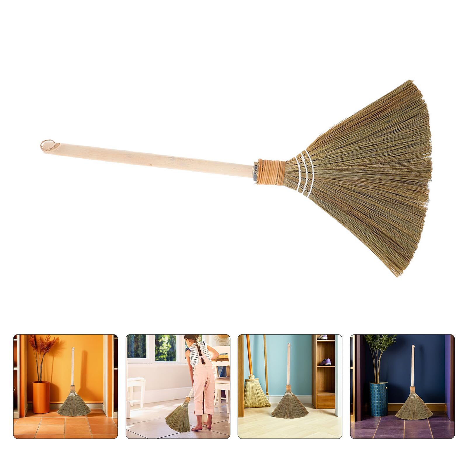 Escoba de Mano Tradicional 2 Piezas de Madera y Miscanthus | Color Caqui, Cabezal Desmontable, Barrido Suave para Interior y Salas de Estar