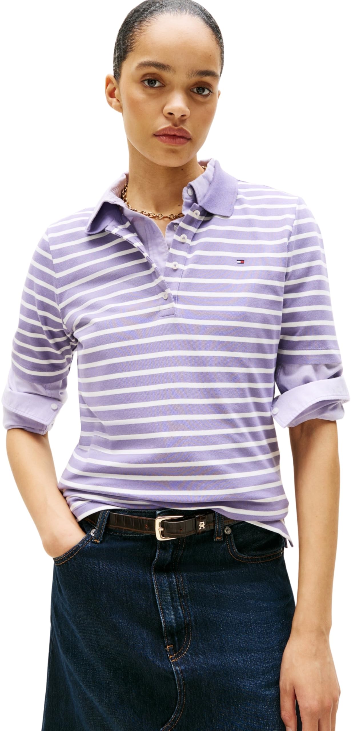 Tommy Hilfiger Women’s 1985 Short Sleeve Regular Fit Pique Polo Shirt, Purple (Purple/Ecru STP), S