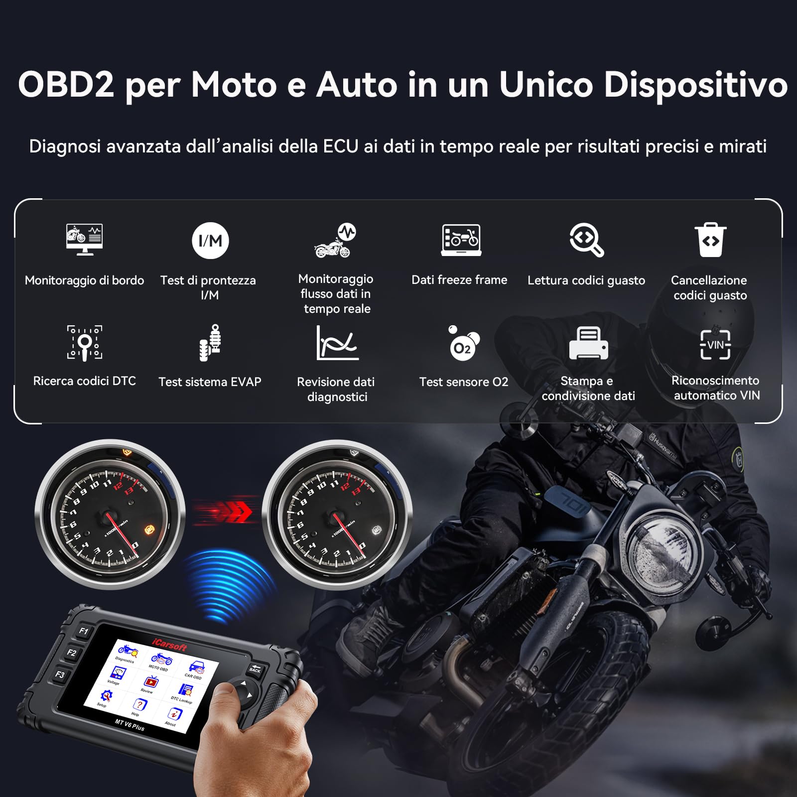 iCarsoft MT V6 Plus Strumento Diagnostico per Moto, Diagnosi Moto Universal, Lettore di Codice Tutti i Sistemi, Servizi Completi, Scansione Automatica, Diagnostica OBD per Auto e Motocicletta