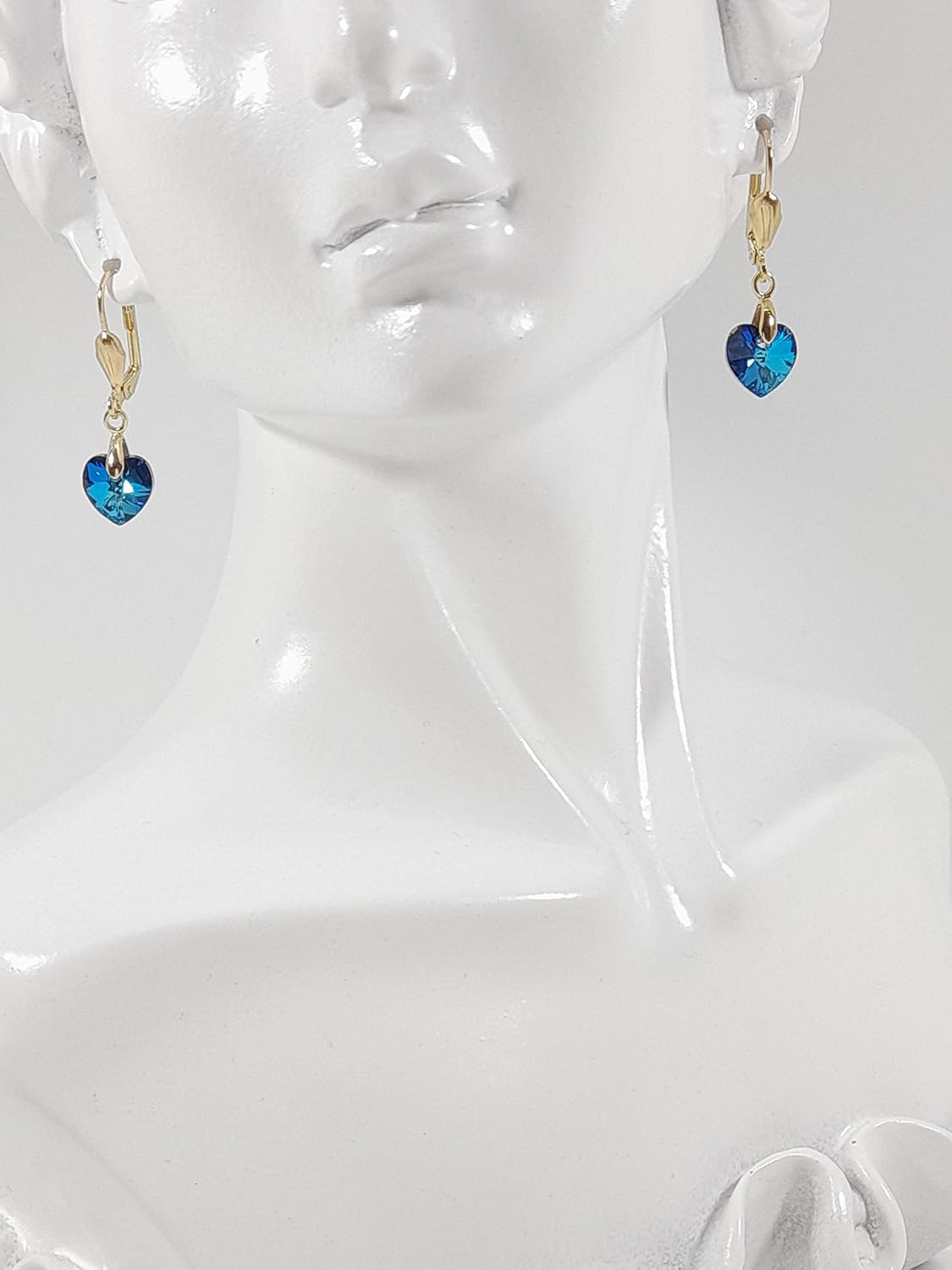 A SHER’S CREATION 14K Gold plated Earrings with Austrian Crystal Designer Small delicate leverback Heart Hypoallergenic Statement Jewelry Blue color - Image 7