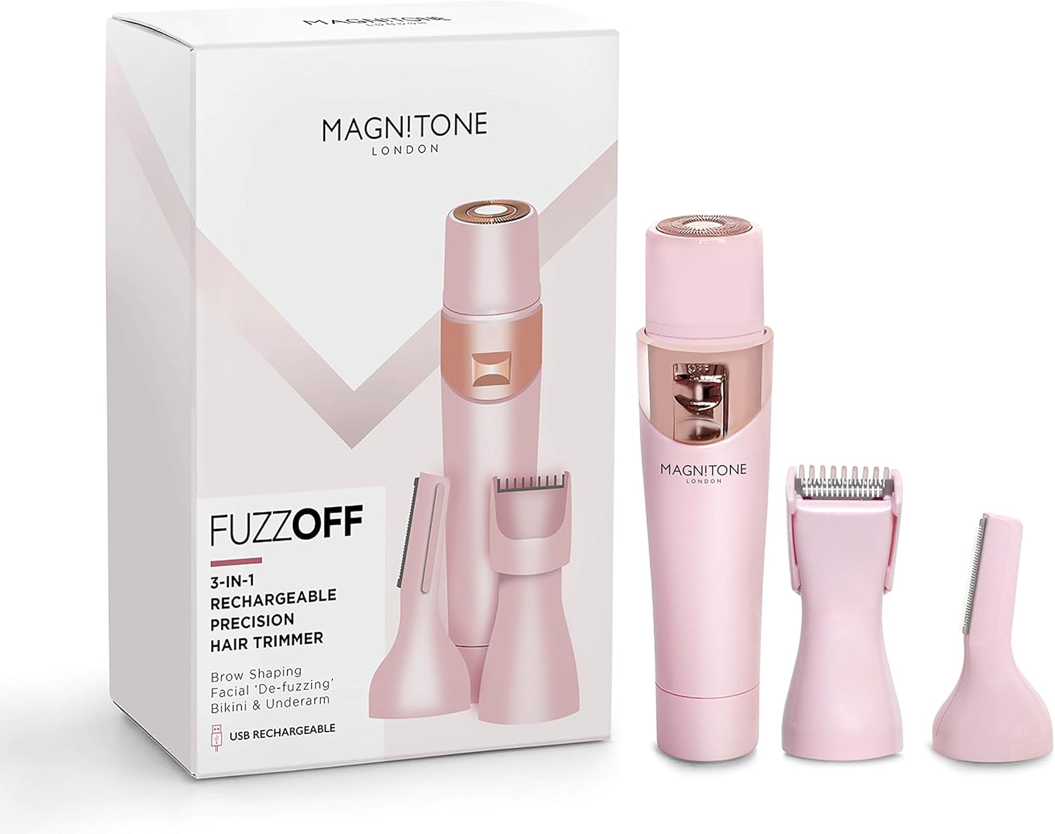 FuzzOff 3-in-1 oplaadbare dames precisie tondeuse epilator voor gezicht, kaaklijn, bovenlip, wenkbrauwen, lichaam, oksels en bikinilijn – roze