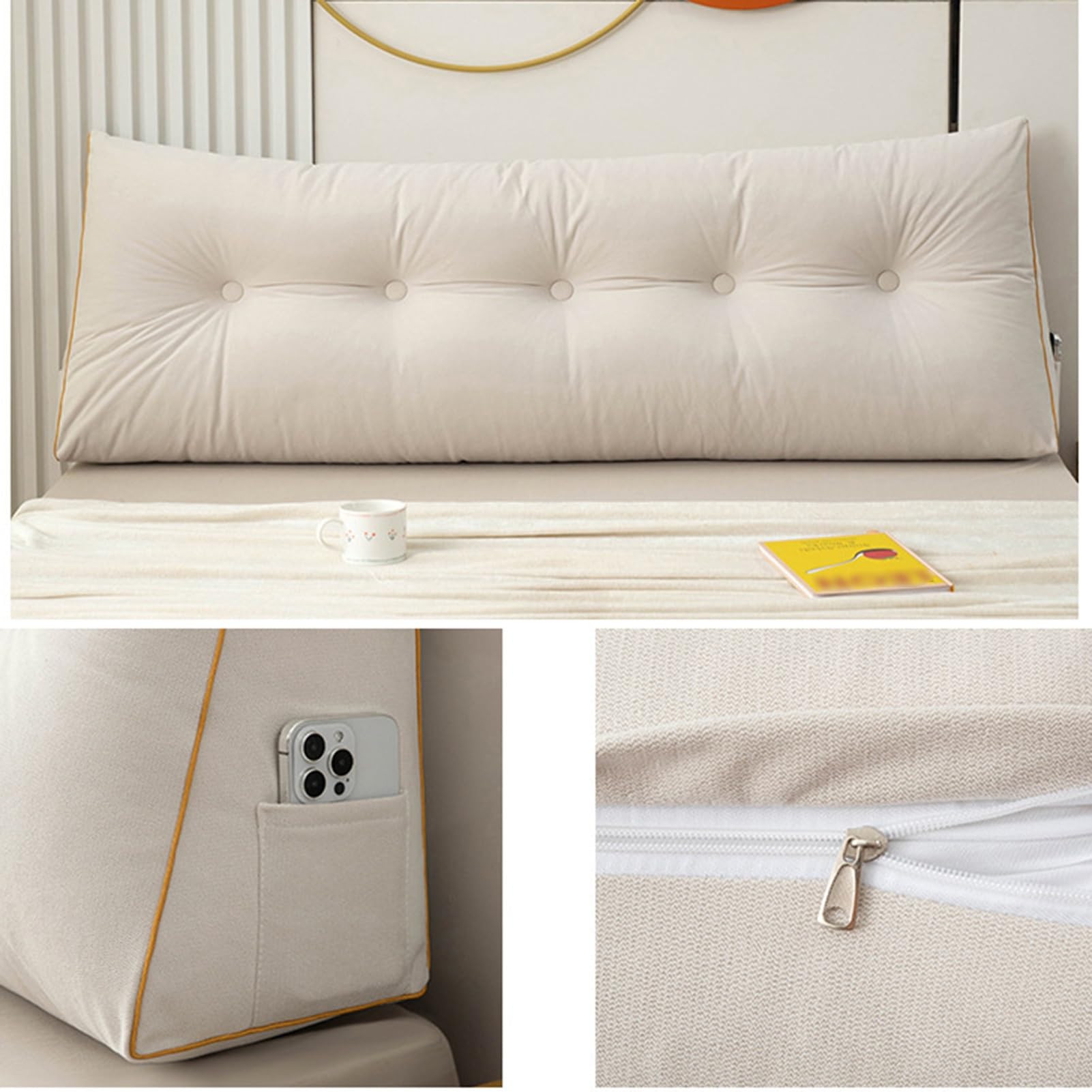 Gutekissen Coussin De Dossier 160 Cm - Coussin Lecture Lit Et Canapé, Motif Crème Bouclé Avec Poche Téléphone
