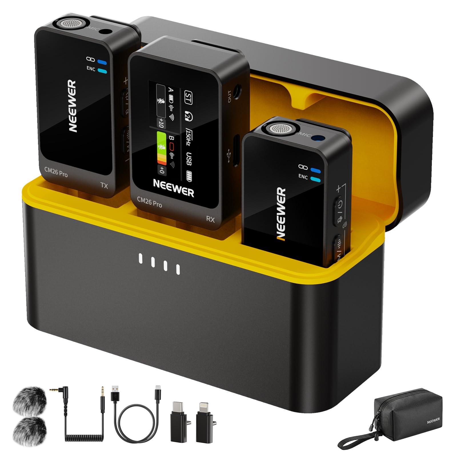 NEEWER CM26 Pro Microfono Wireless AI Compatibile con iPhone Android Telefono Fotocamera PC, Mic Lavalier Anti Rumore DSP/MCU Guadagno Muto Taglio Basso 48kHz/24bit SNR 88dB Batteria 50H Portata 100m