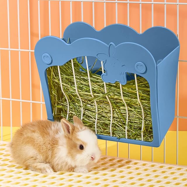 Rabbit Hay Feeder, Hanging Feeding Hay Rack for Small Animals Rabbit, Dwarf Rabbit, Guinea Pig (Blue)