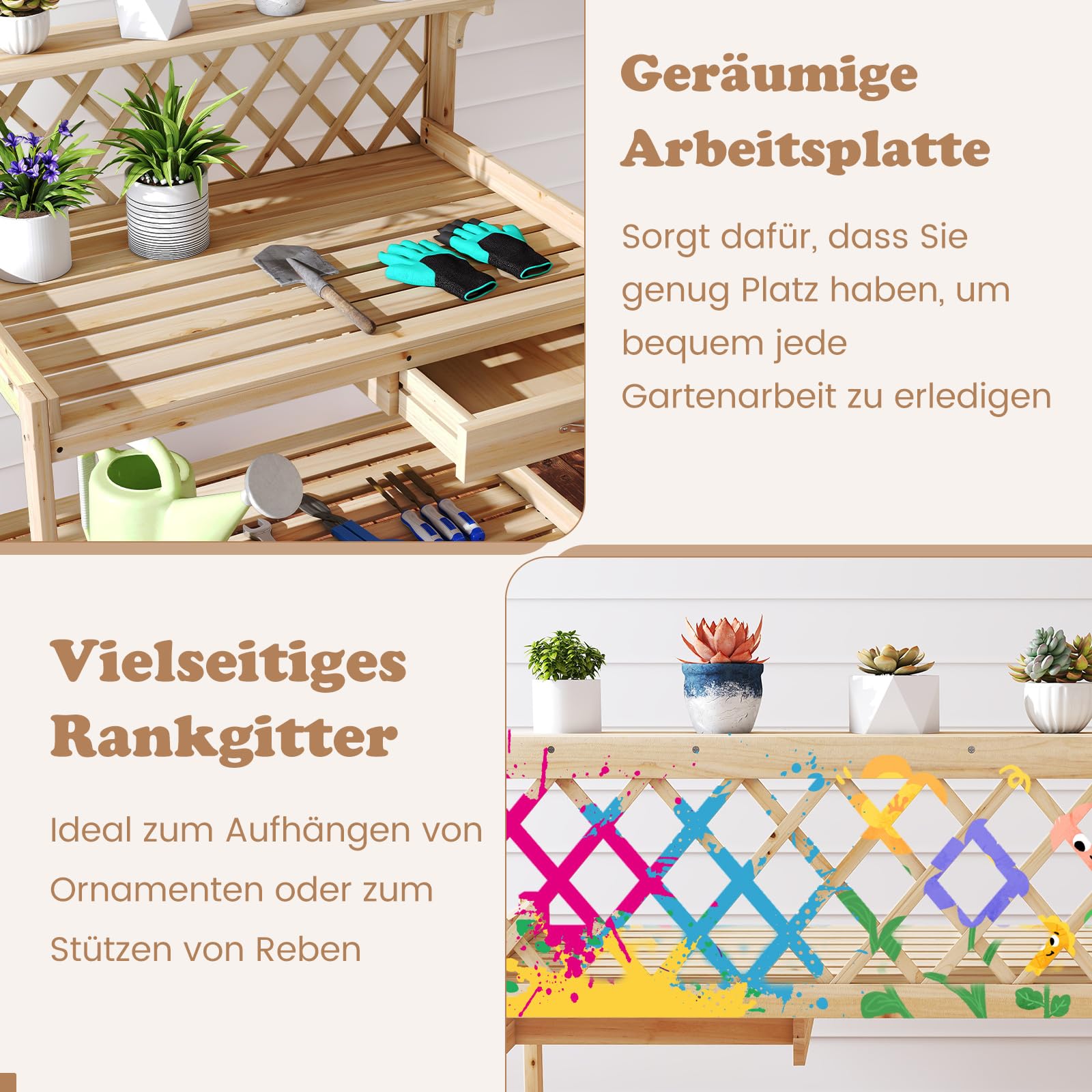 COSTWAY Pflanztisch mit Rankgitter, Gärtnertisch Holz mit Arbeitsplatte, Schublade & 2 Ablagen, Garten Arbeitstisch Tannenholz, für Garten Balkon Terrasse, 90 x 59 x 88 cm, Natur
