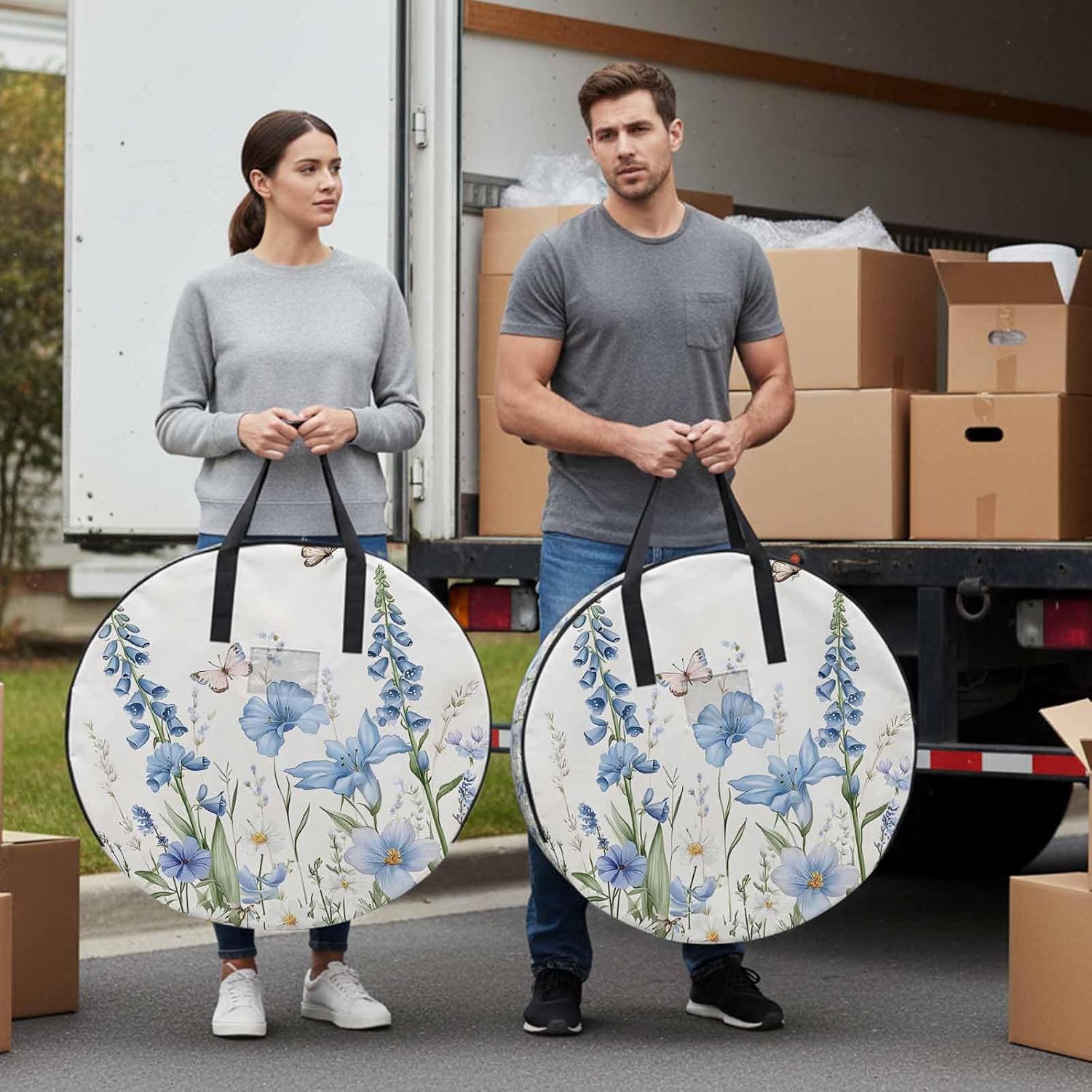 Blue Floral Round Storage Bag 36 Inch, Spring Bluebells Wildflowers Butterfly Botanical Clothes Storage Container with Handles Heavy Duty Organizer for Comforter, Bedding & Holiday Wreaths