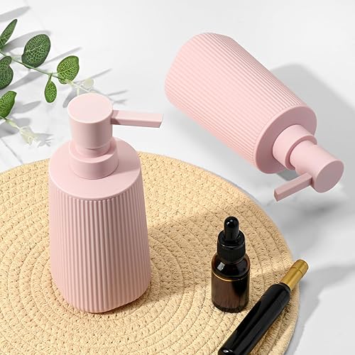 Miniatura 5 de Paquete de 2 dispensadores de jabón de manos con bomba antióxido para baño, cocina o encimeras de tocador, plástico mate a rayas recargables de 8.5