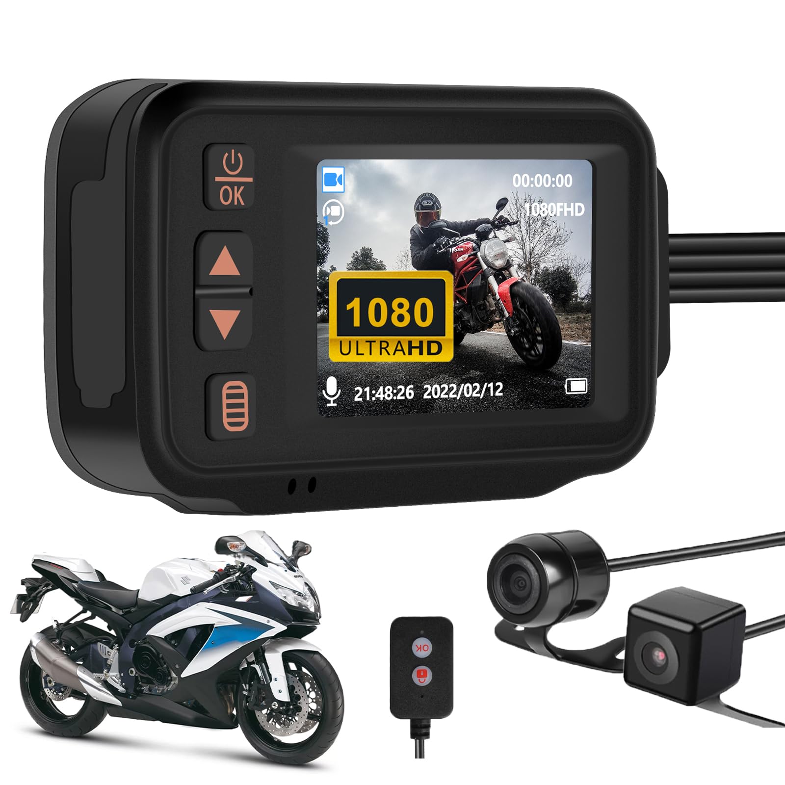 CAMECHO Dash CAM para Moto, Impermeable Total Videocamera Motocicletta AHD 1080P Cámara Delantero y Trasero 150° con GPS Integrado, Wi-Fi, Mando a Distancia con Cable+32GB TF Card
