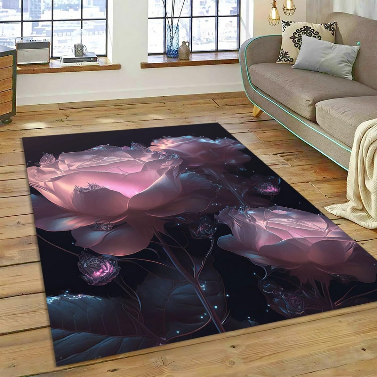 Tapis facile à nettoyer rose fleur 3D grand tapis de sol anti-tache 160x230