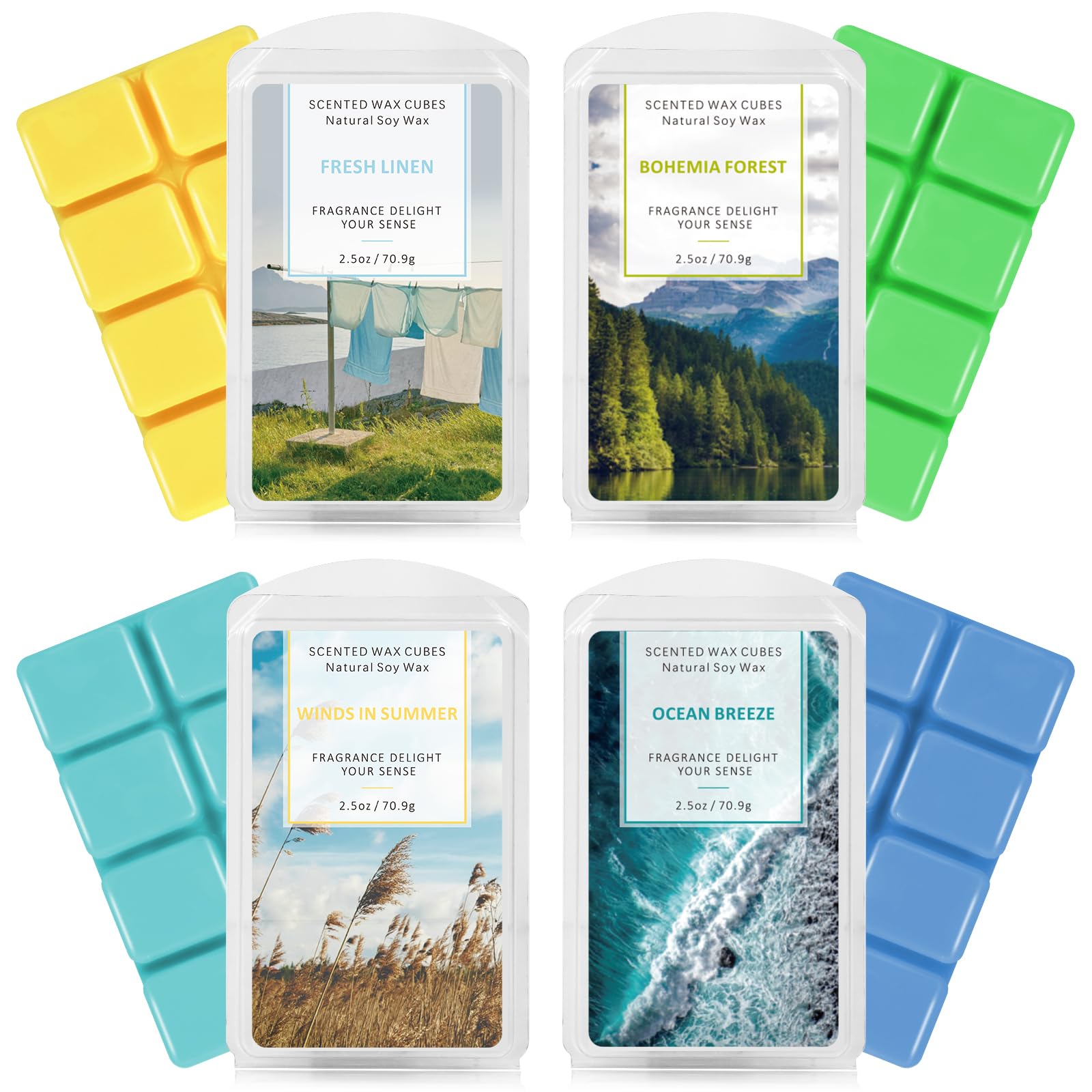 SCENTORINI Ceras Perfumadas para Derretir Aromáticas 100% Cera de Soja Fragancia, Aromaterapia，Aroma Lino Fresco, Bosque Bohemio, Brisa Marina, Viento en Verano 70.9 g x 4