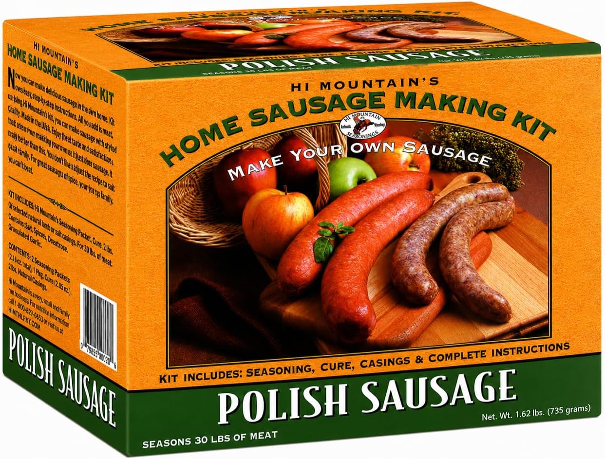 Hi Mountain Seasonings ǀ POLISH Sausage Making Kit ǀ Includes Sausage Seasoning, Cure, Natural Hog Casings, and Simple-to-Follow Directions ǀ Creates 30 lbs of Delicious Polish Sausage
