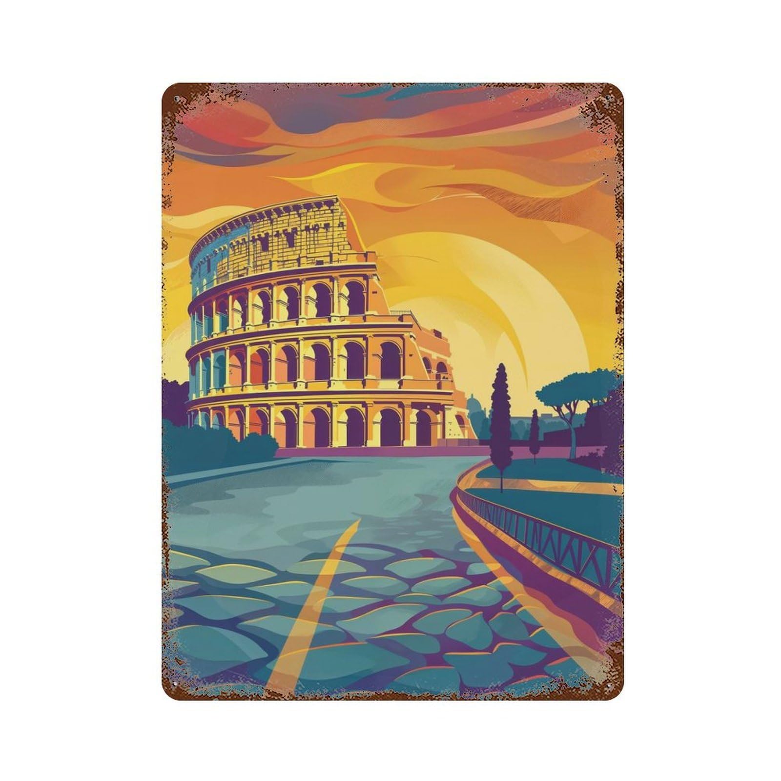 Decorative Tin Sign Colosseum Sunset 15.7"x11.8", Vintage Wall Decor for Pub, Kitchen And Man Cave Decor