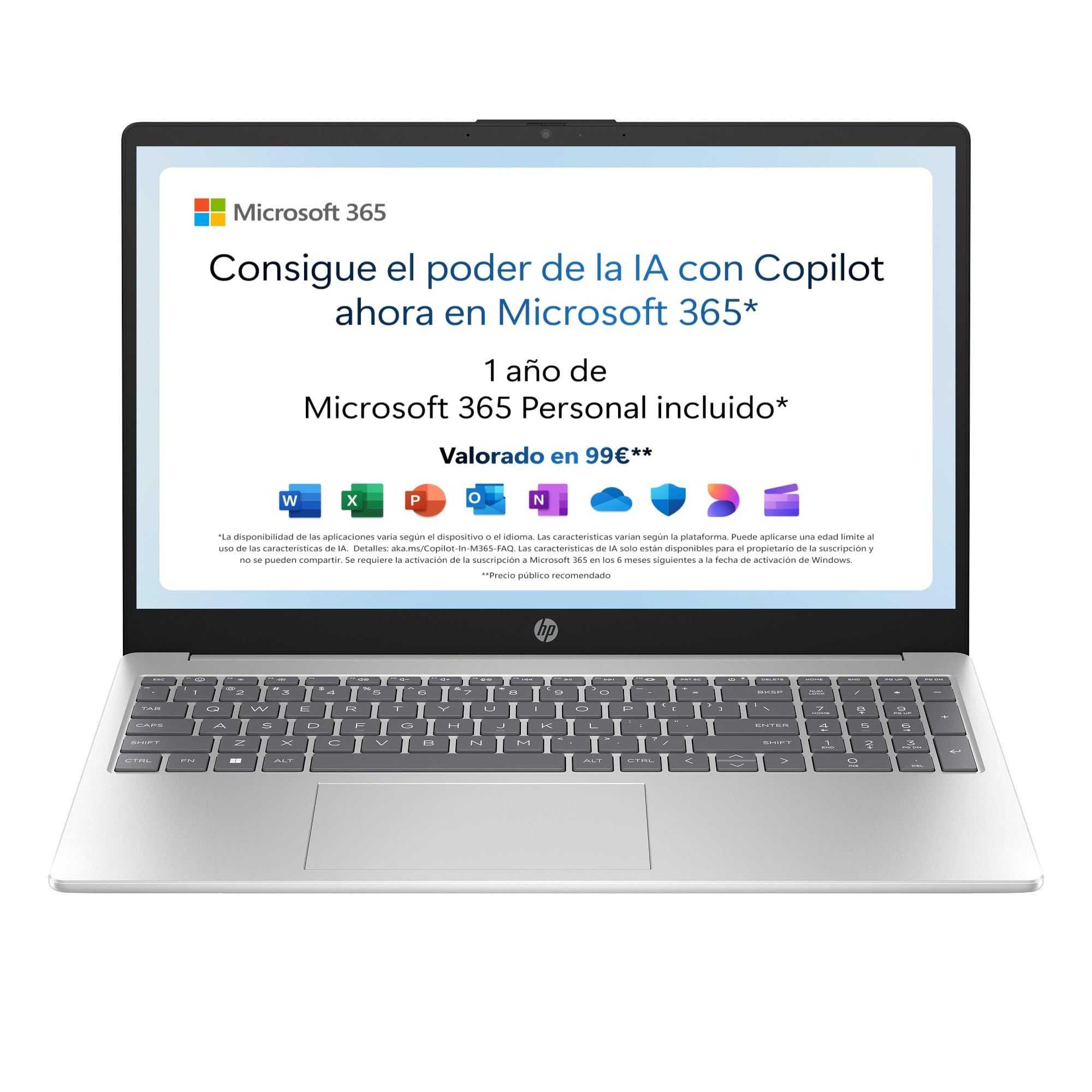 HP 15-fd0186ns - Ordenador portátil de 15.6" FHD (Intel N100, 4GB RAM, 128GB UFS, Intel UHD, Windows 11) Plata - Teclado QWERTY Español