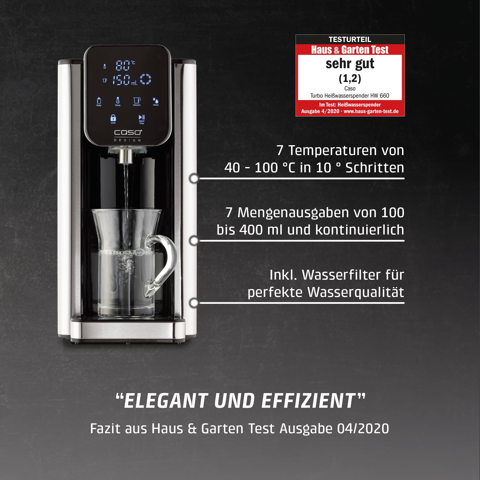 CASO HW 660 Heißwasserspender - heißes Wasser in wenigen Sekunden, spart bis zu 50% Energie gegenüber Wasserkochern, 8 Mengenausgaben, für Babynahrung geeignet, Integrierte Entkalkungserinnerung