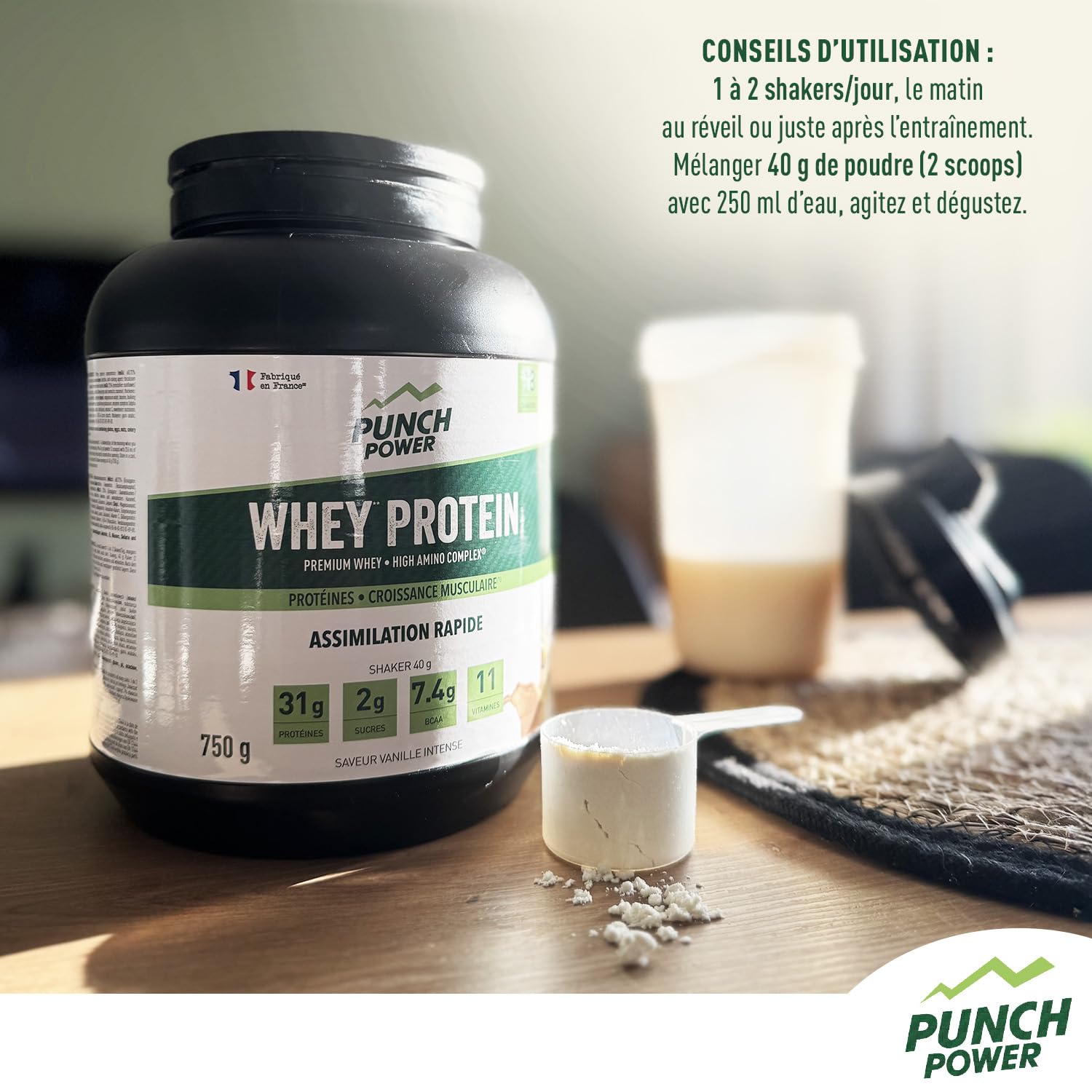 PUNCH POWER Protéine Pure Whey Vanille Intense - Poudre protéinée pour sportifs - Boîte de 750 g - Fabriquée en France - Assimilation rapide - Croissance musculaire