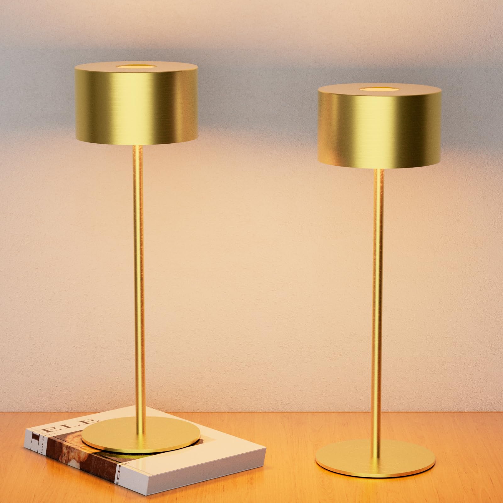 Lámpara Inalámbrica Metálica Dorado IP54 | 3 Temperaturas + Brillo Regulable | Recargable USB | Multiuso para Restaurante, Dormitorio y Camping