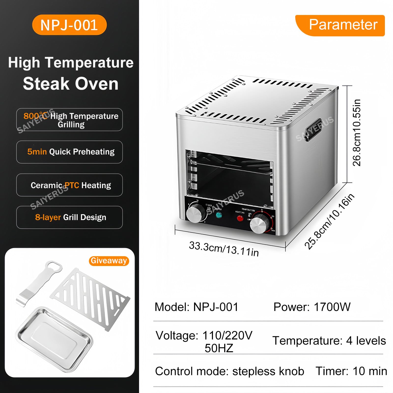 Bezdymny elektryczny grill na podczerwień do użytku wewnątrz pomieszczeń, pasuje do blatu kuchennego, dostarczany z tacą do grillowania i grillem, komercyjny piec do steków o tempe